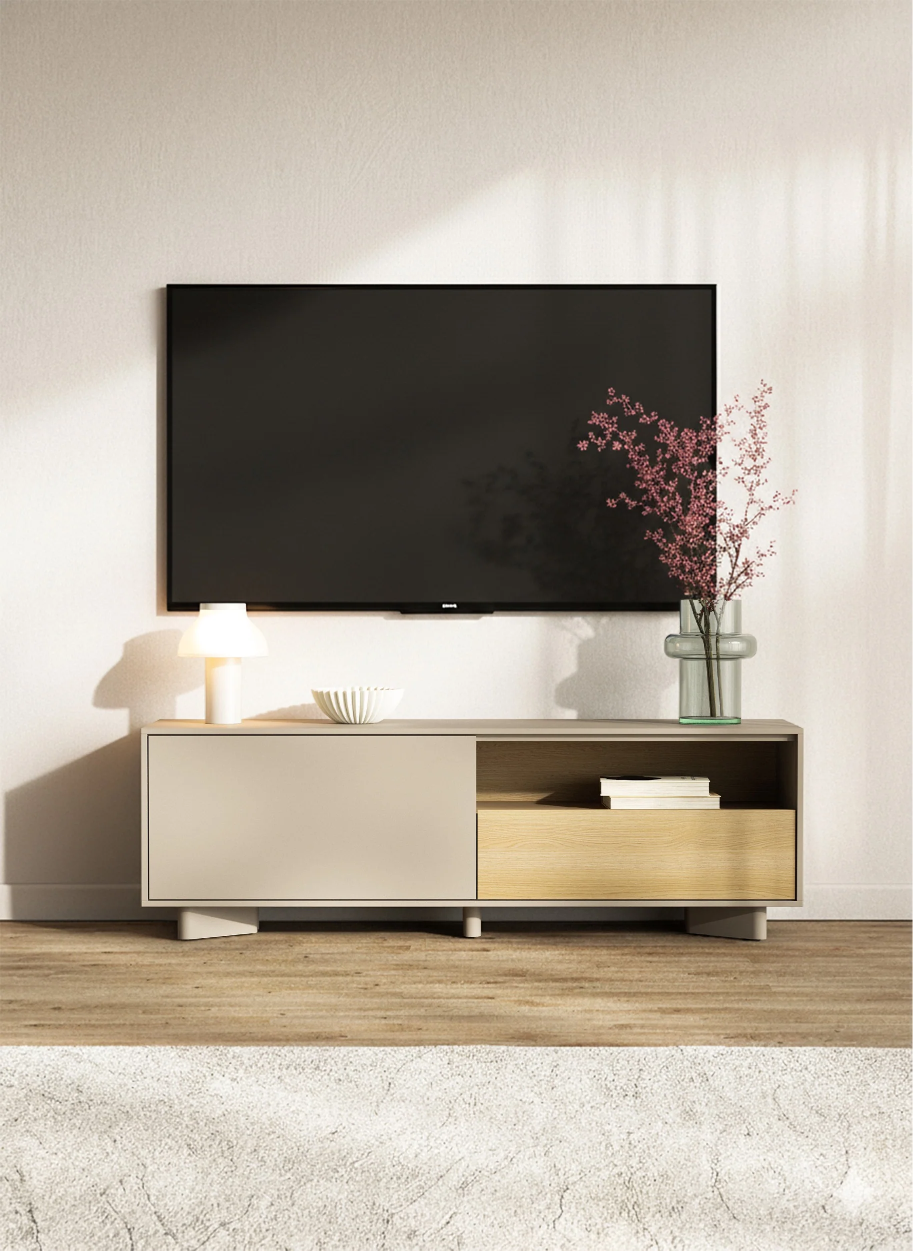 Szafka RTV Distria z szufladą 140 cm kaszmir/dąb vicenza - Image 6