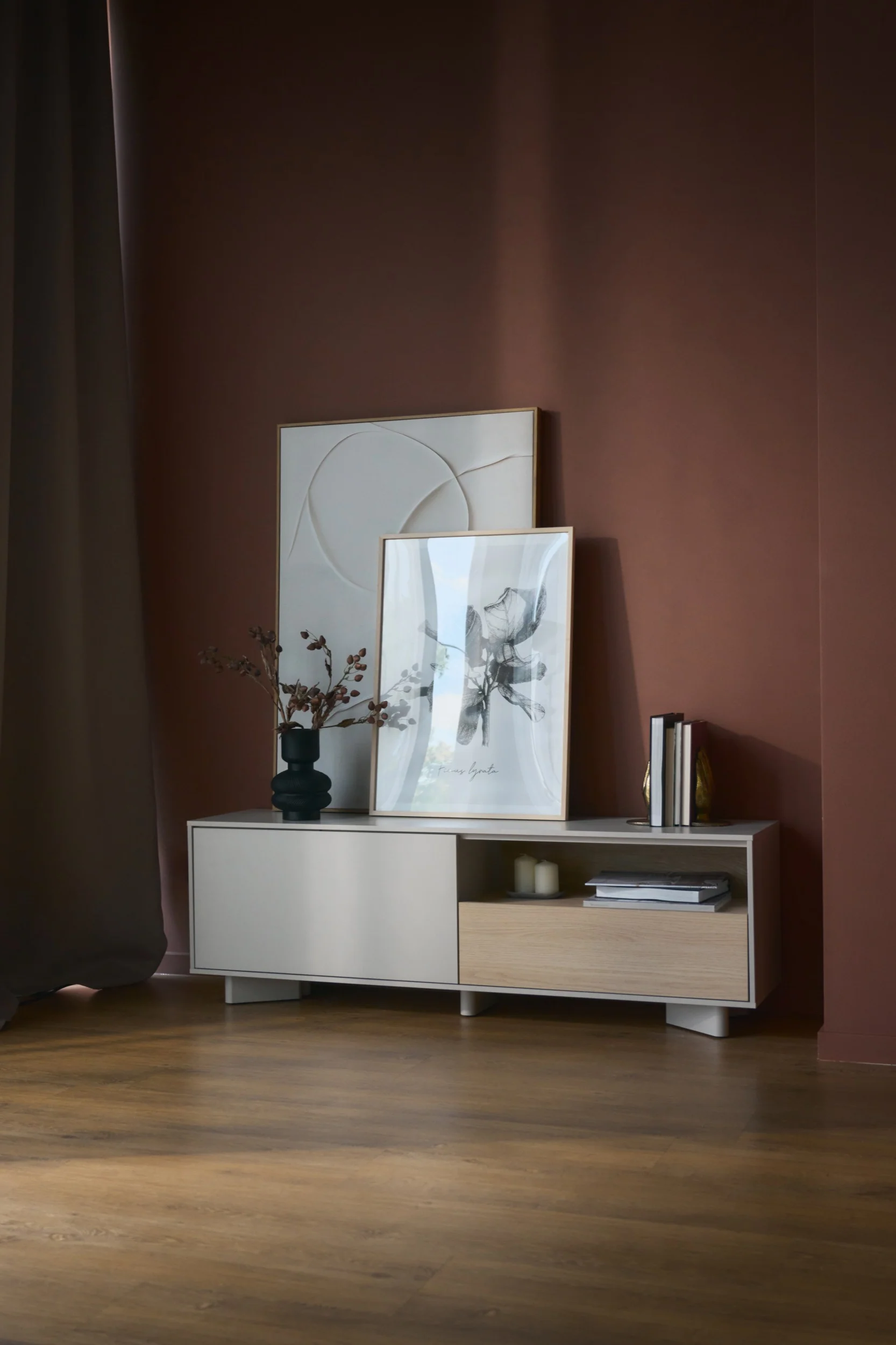 Szafka RTV Distria z szufladą 140 cm kaszmir/dąb vicenza - Image 7