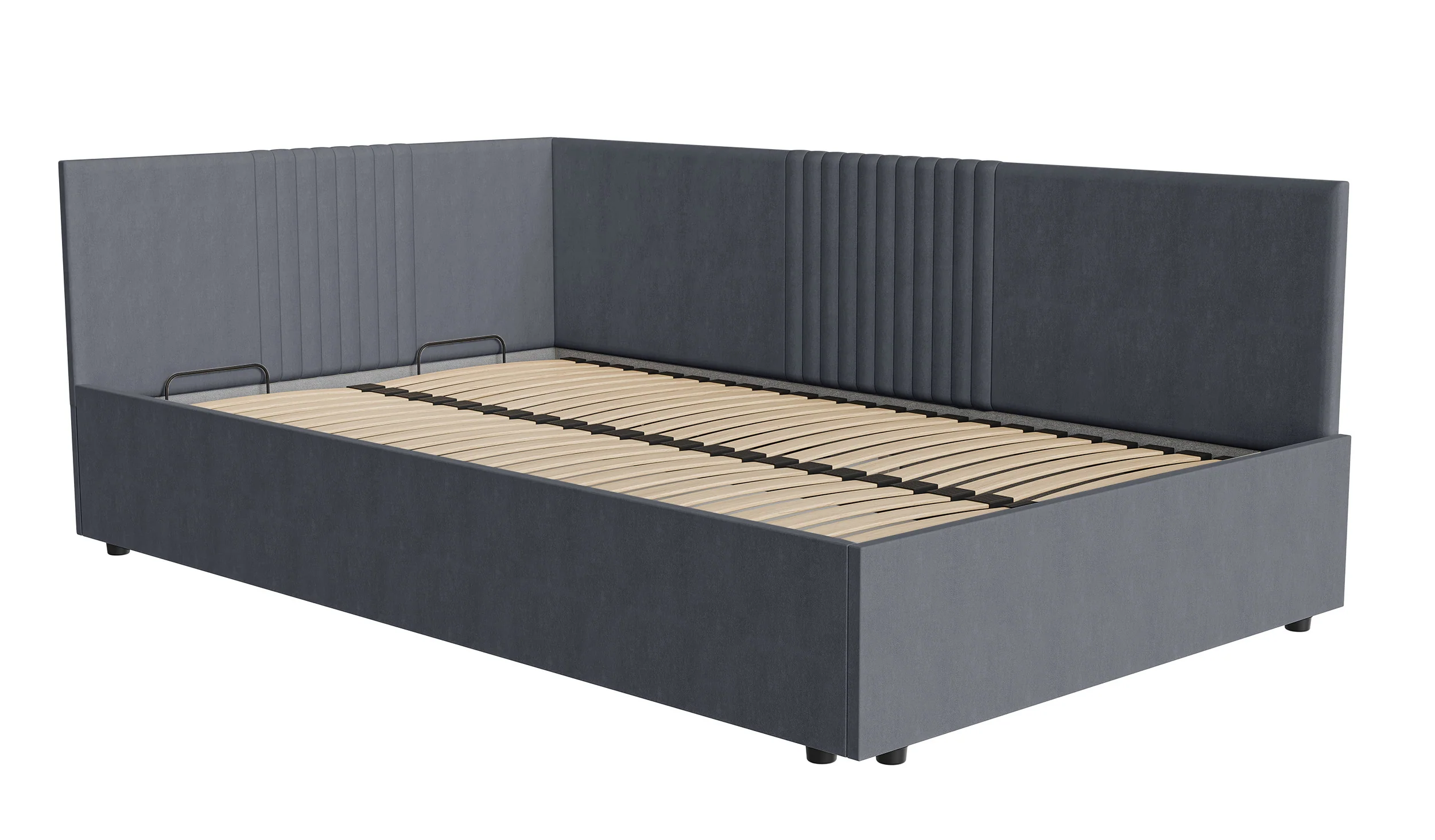 Łóżko młodzieżowe 120x200 cm Novede uniwersalne z pojemnikiem stelaż metalowy ciemnoszare welur łatwoczyszczący