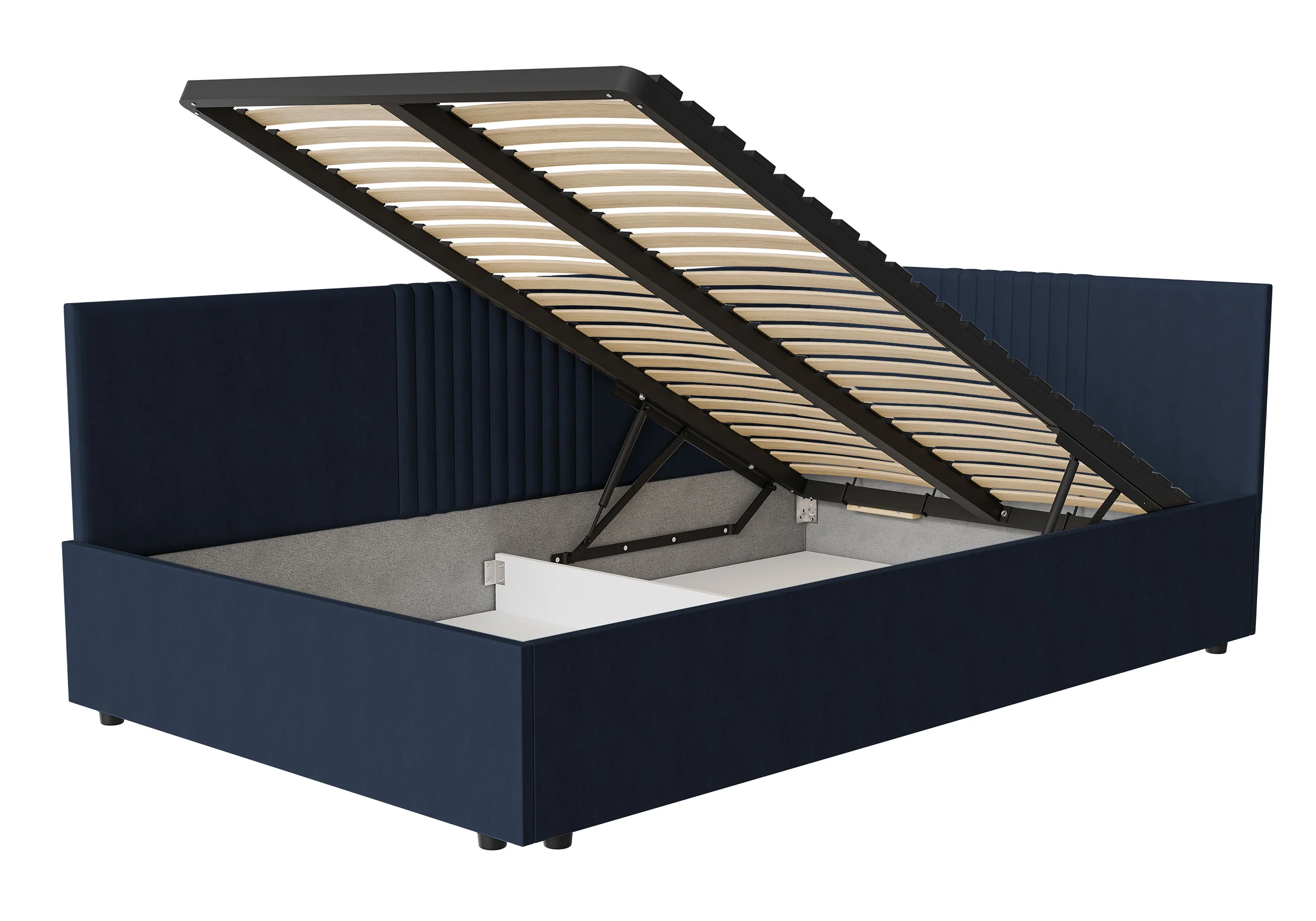Łóżko młodzieżowe 120x200 cm Novede uniwersalne z pojemnikiem stelaż metalowy granatowe welur łatwoczyszczący - Image 3