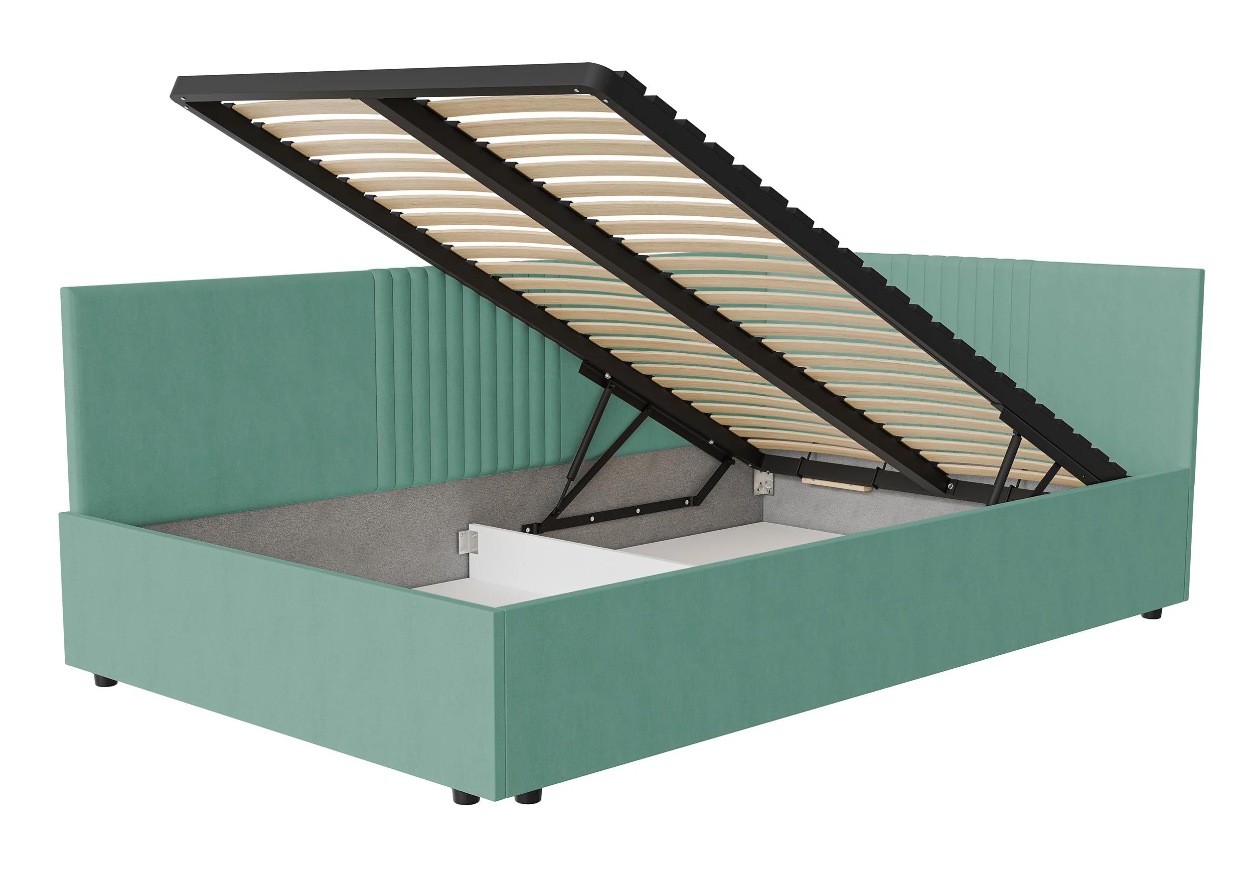 Łóżko młodzieżowe 120x200 cm Novede uniwersalne z pojemnikiem stelaż metalowy jasnoturkusowe welur łatwoczyszczący - Image 3