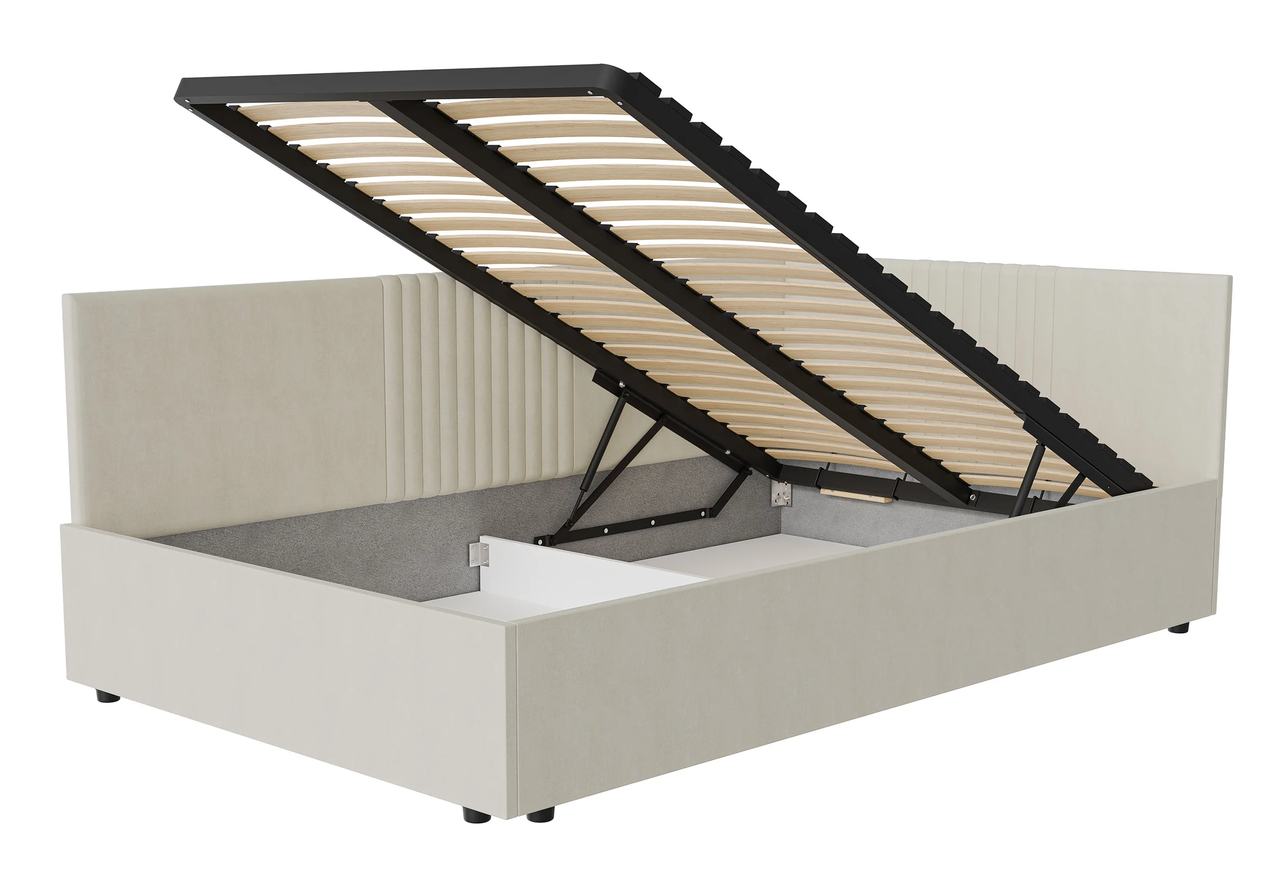 Łóżko młodzieżowe 120x200 cm Novede uniwersalne z pojemnikiem stelaż metalowy beżowe welur łatwoczyszczący - Image 3