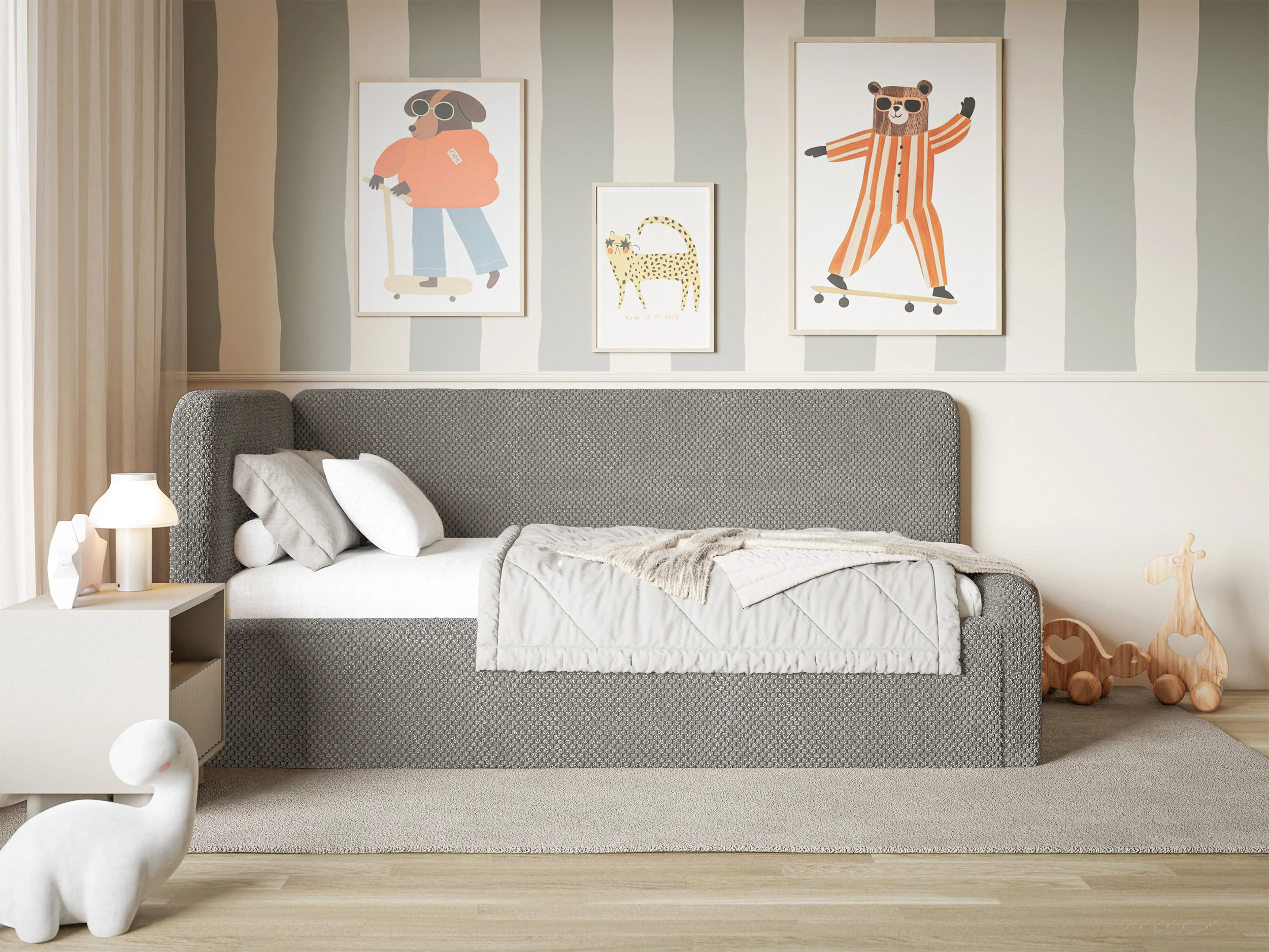 Łóżko młodzieżowe 90x200 cm Fanklo lewostronne z pojemnikiem i barierkami szarobrązowe plusz hydrofobowy - Image 6