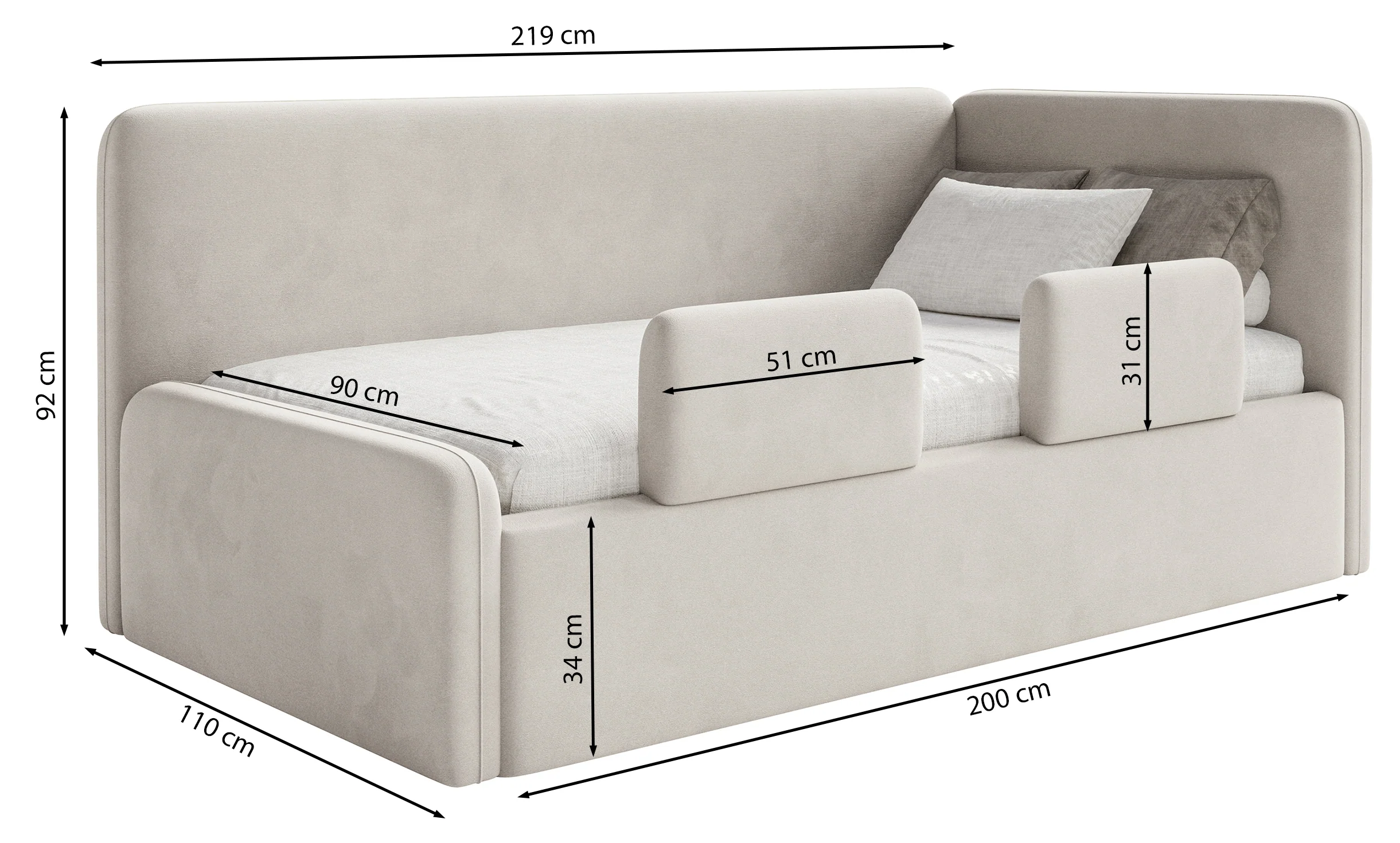 Łóżko młodzieżowe 90x200 cm Fanklo prawostronne z pojemnikiem i barierkami pudroworóżowe plusz hydrofobowy - Image 10