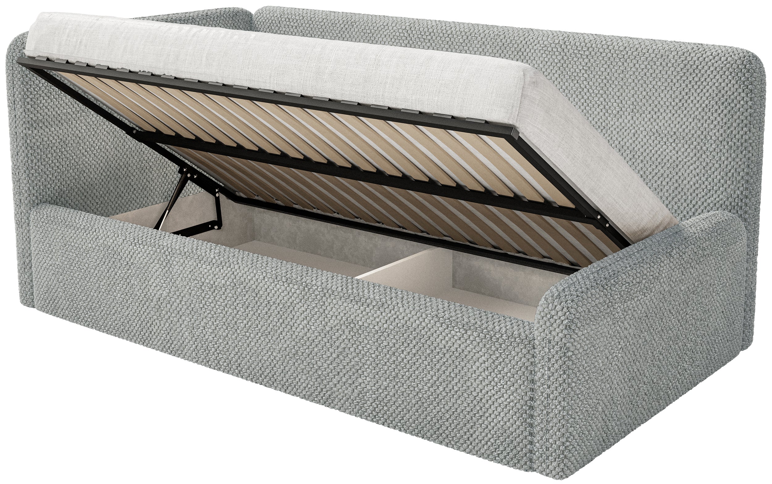 Łóżko młodzieżowe 120x200 cm Fanklo lewostronne z materacem i pojemnikiem szare plusz hydrofobowy - Image 3