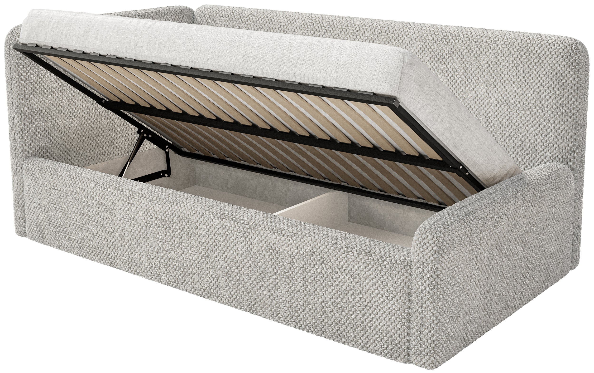 Łóżko młodzieżowe 120x200 cm Fanklo lewostronne z materacem i pojemnikiem szarobeżowe plusz hydrofobowy - Image 3