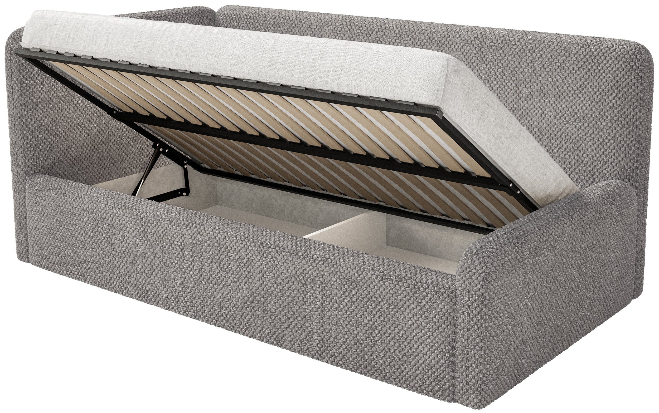 Łóżko młodzieżowe 120x200 cm Fanklo lewostronne z materacem i pojemnikiem szarobrązowe plusz hydrofobowy - Image 3