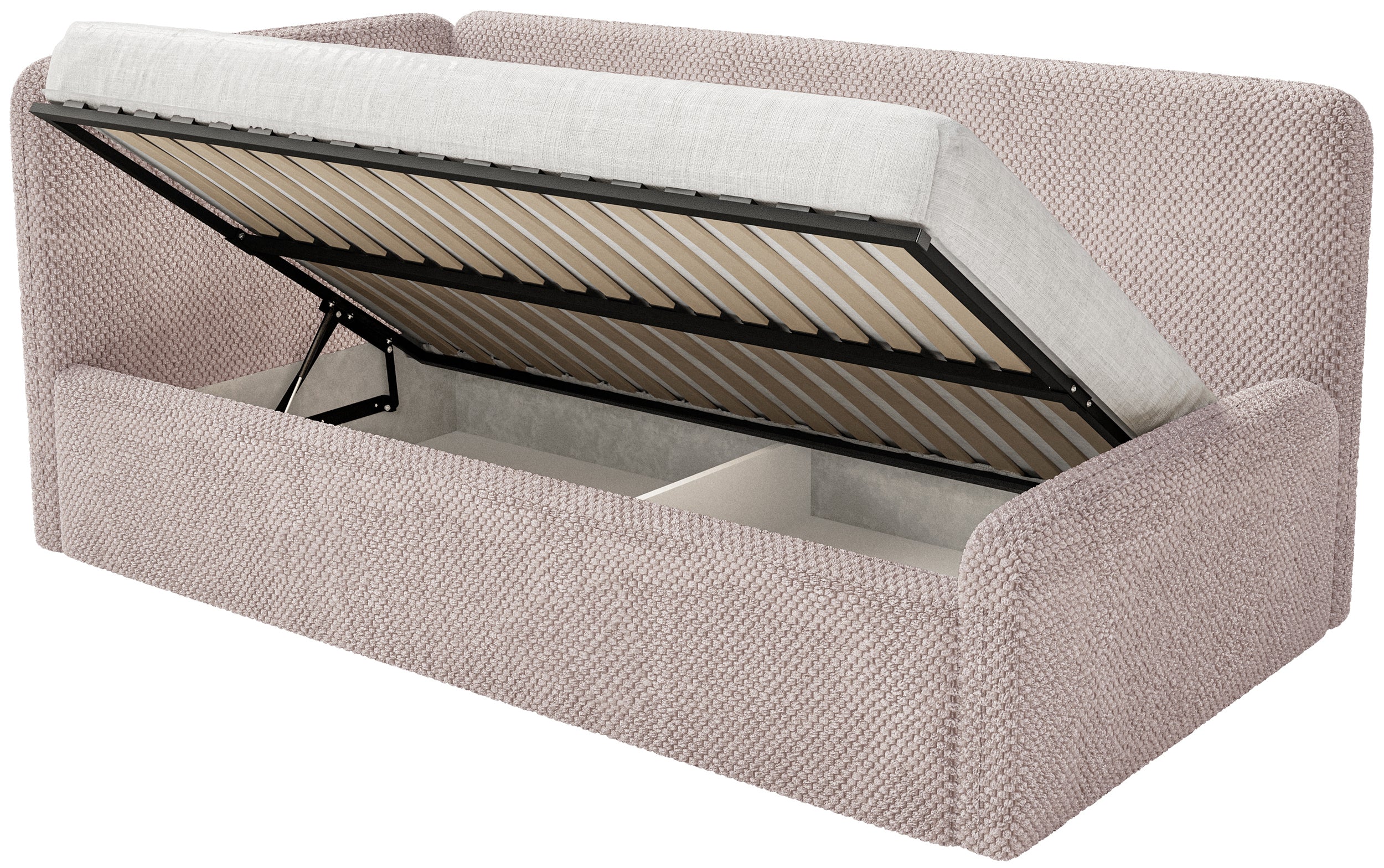 Łóżko młodzieżowe 120x200 cm Fanklo lewostronne z pojemnikiem i barierkami pudroworóżowe plusz hydrofobowy - Image 3