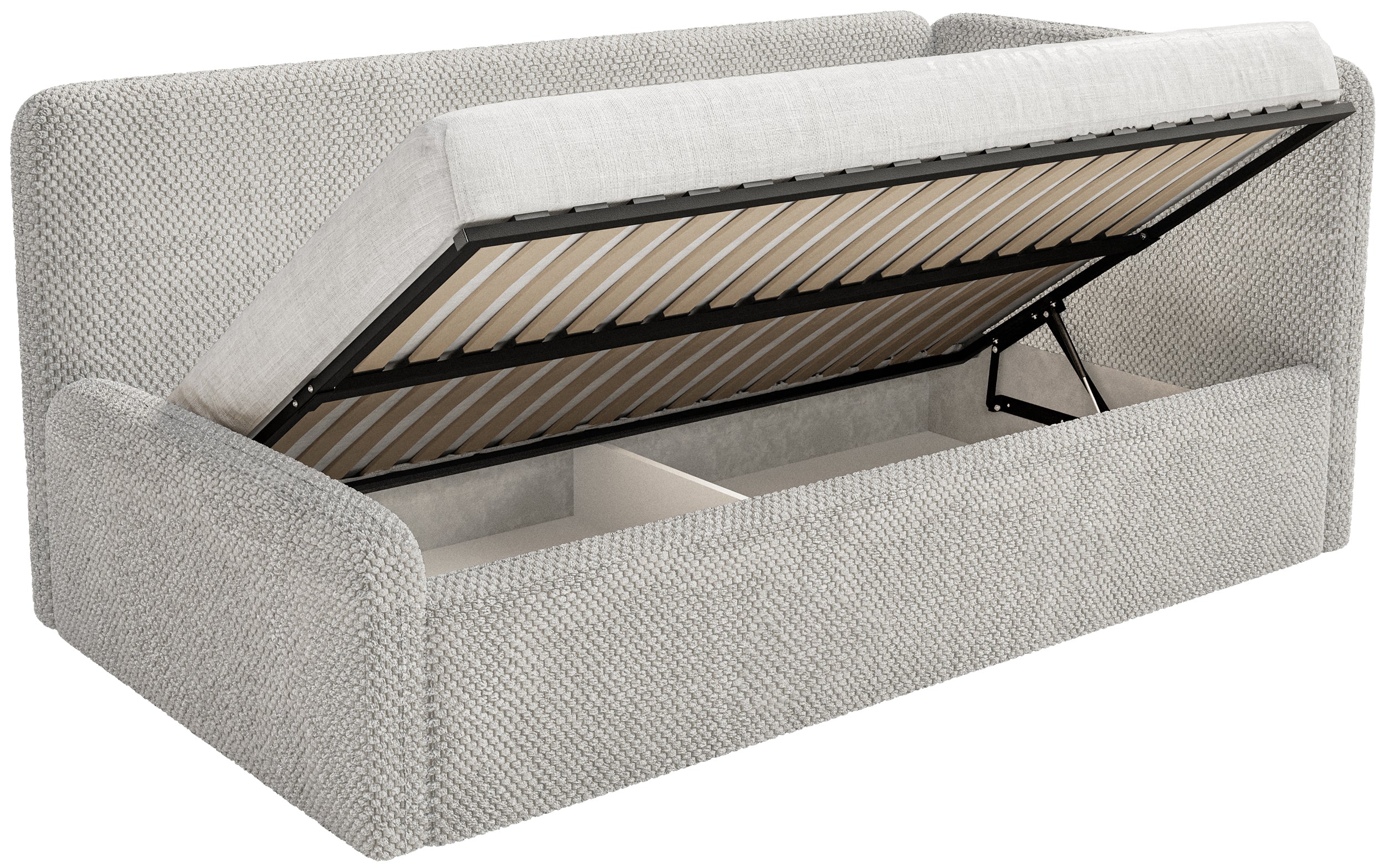 Łóżko młodzieżowe 120x200 cm Fanklo prawostronne z pojemnikiem i barierkami szarobeżowe plusz hydrofobowy - Image 3