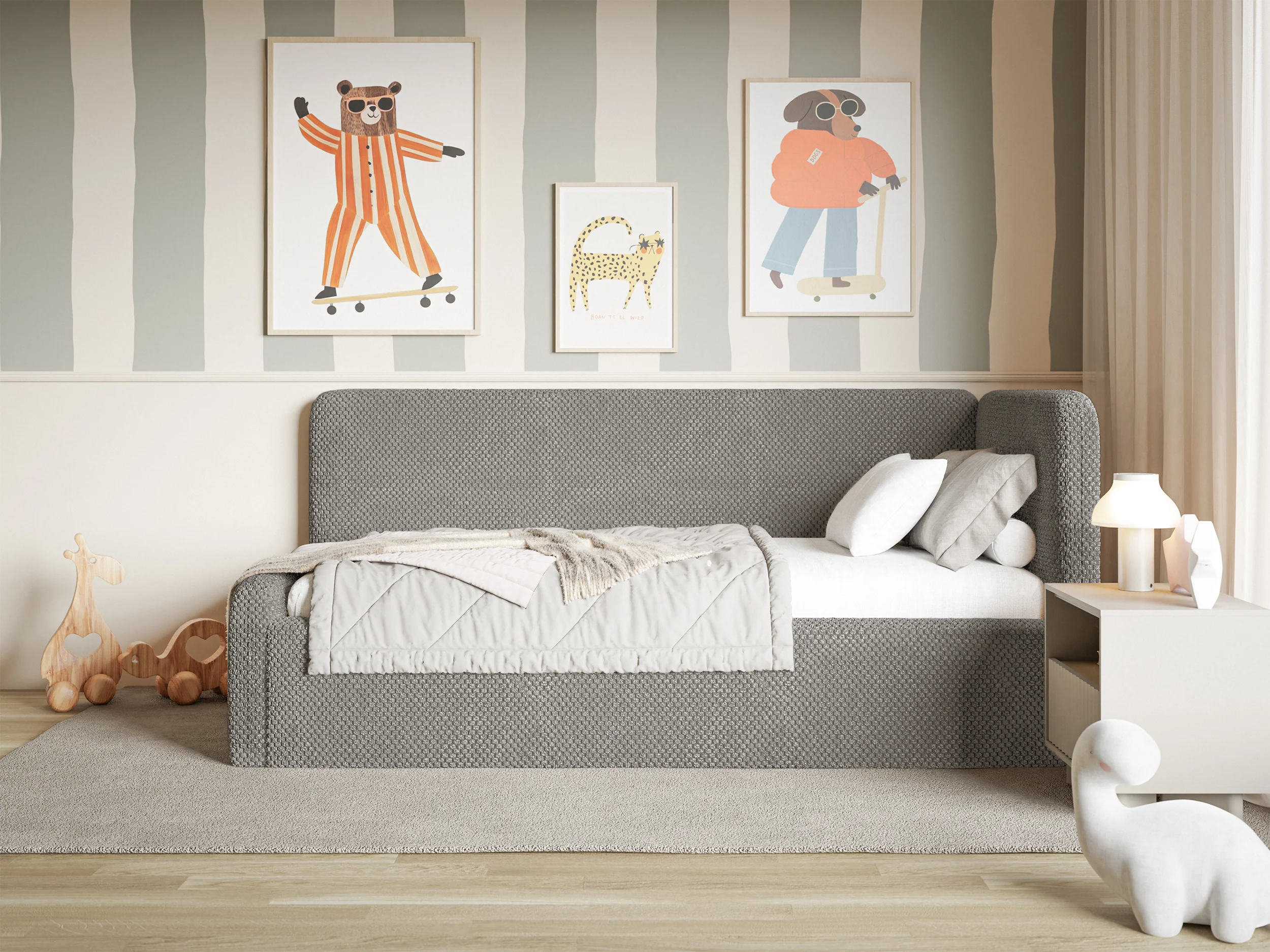 Łóżko młodzieżowe 120x200 cm Fanklo prawostronne z pojemnikiem i barierkami szarobrązowe plusz hydrofobowy - Image 6