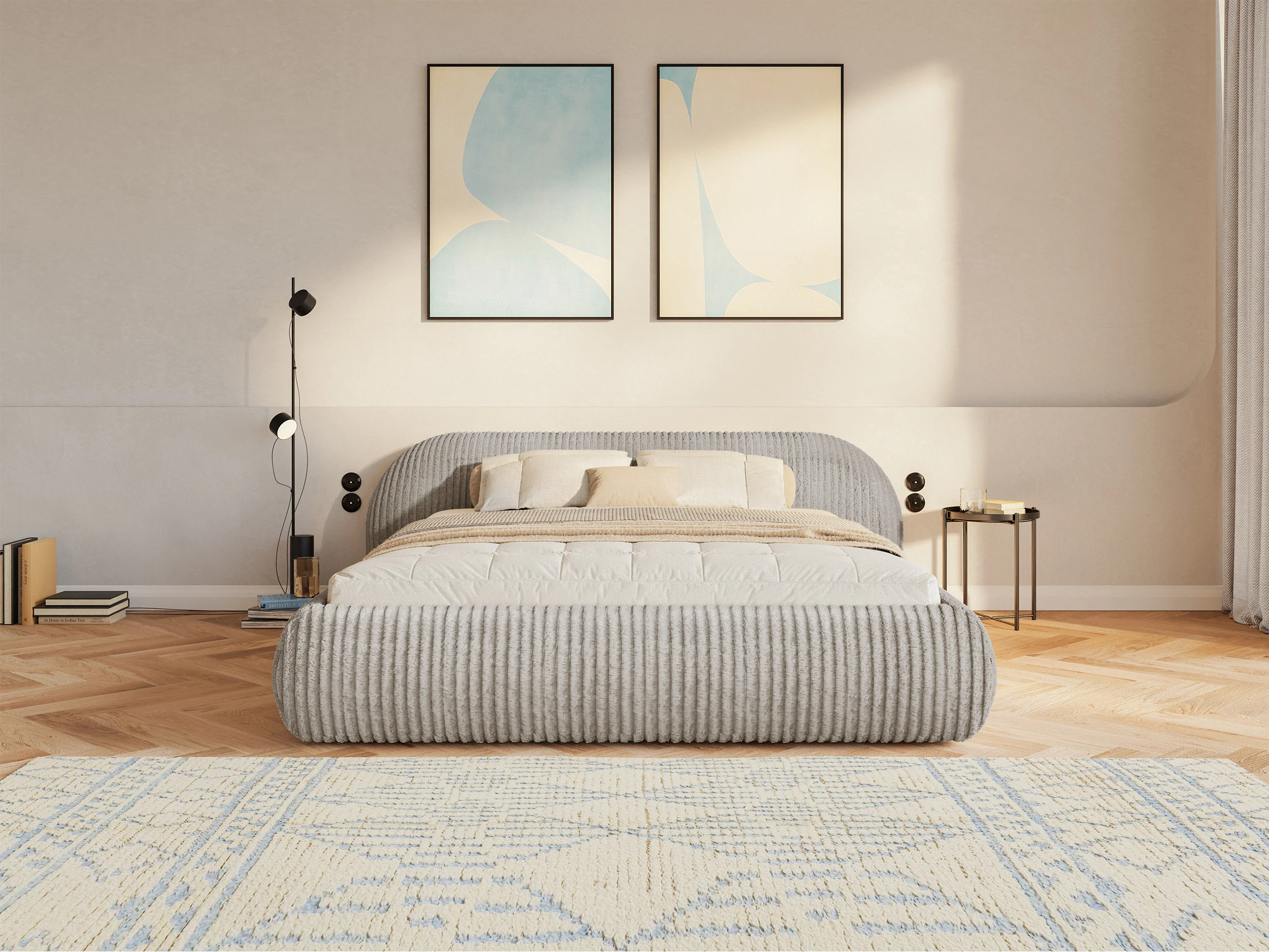 Łóżko tapicerowane 160x200 cm Shels Low szarobeżowe gruby sztruks - Image 5