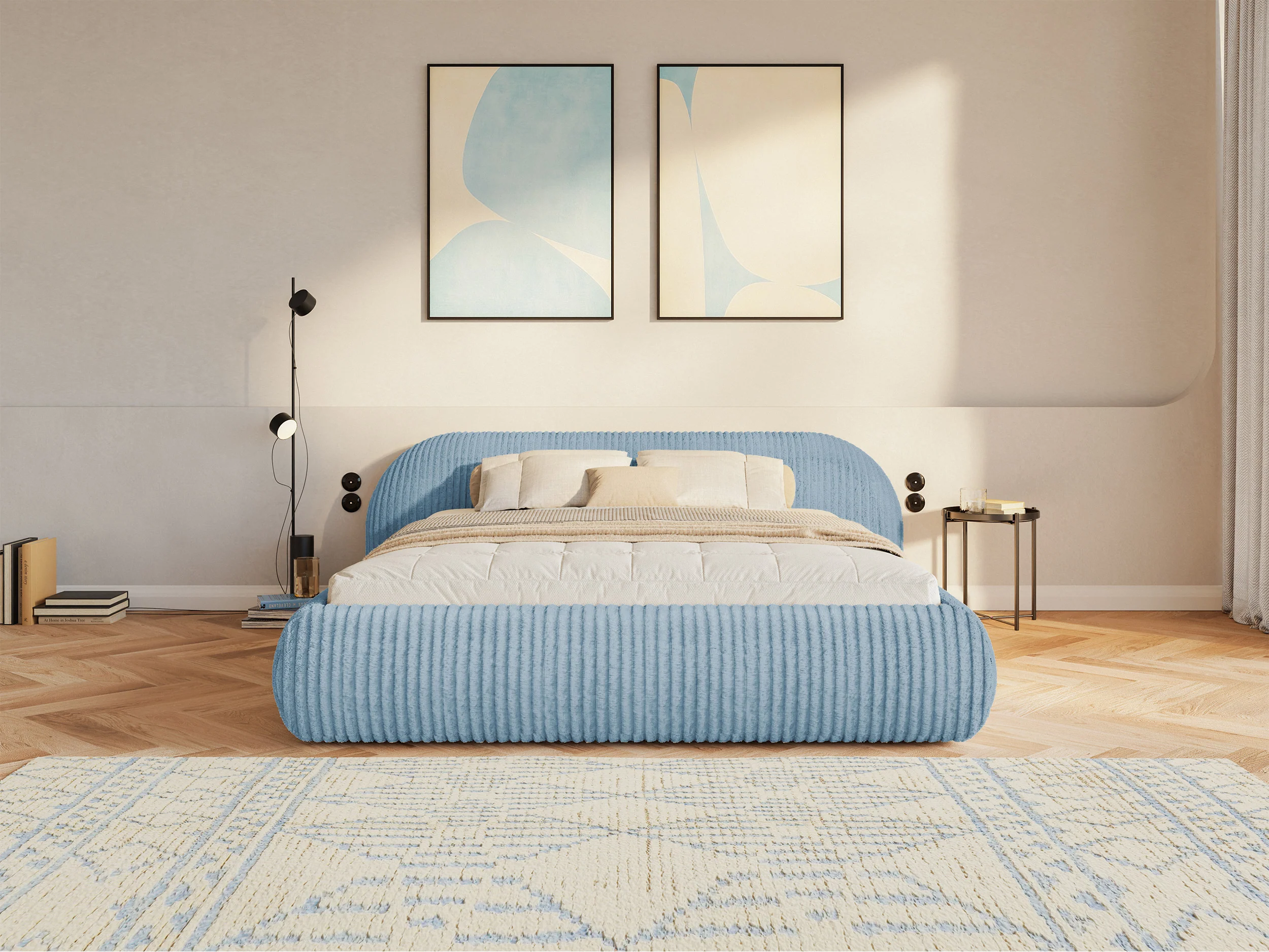 Łóżko tapicerowane 180x200 cm Shels Low z pojemnikiem stelaż metalowy niebieskie gruby sztruks - Image 5