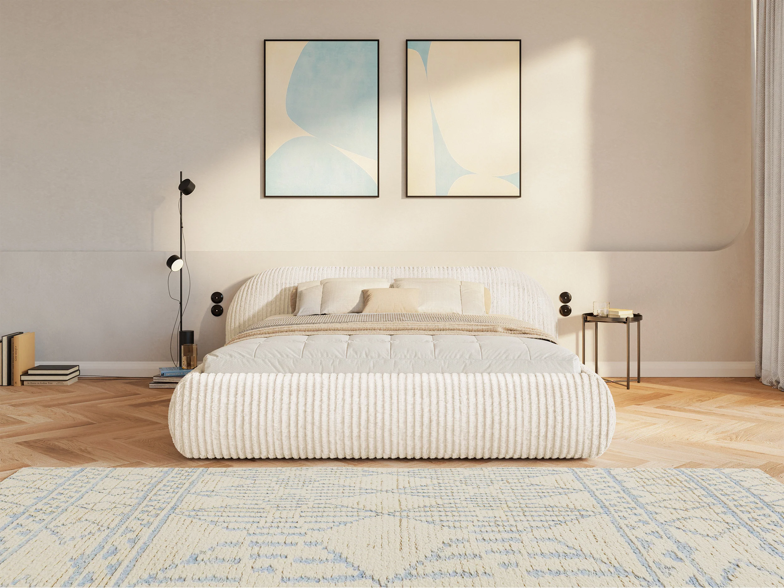 Łóżko tapicerowane 140x200 cm Shels Low z pojemnikiem stelaż metalowy kremowe gruby sztruks - Image 5