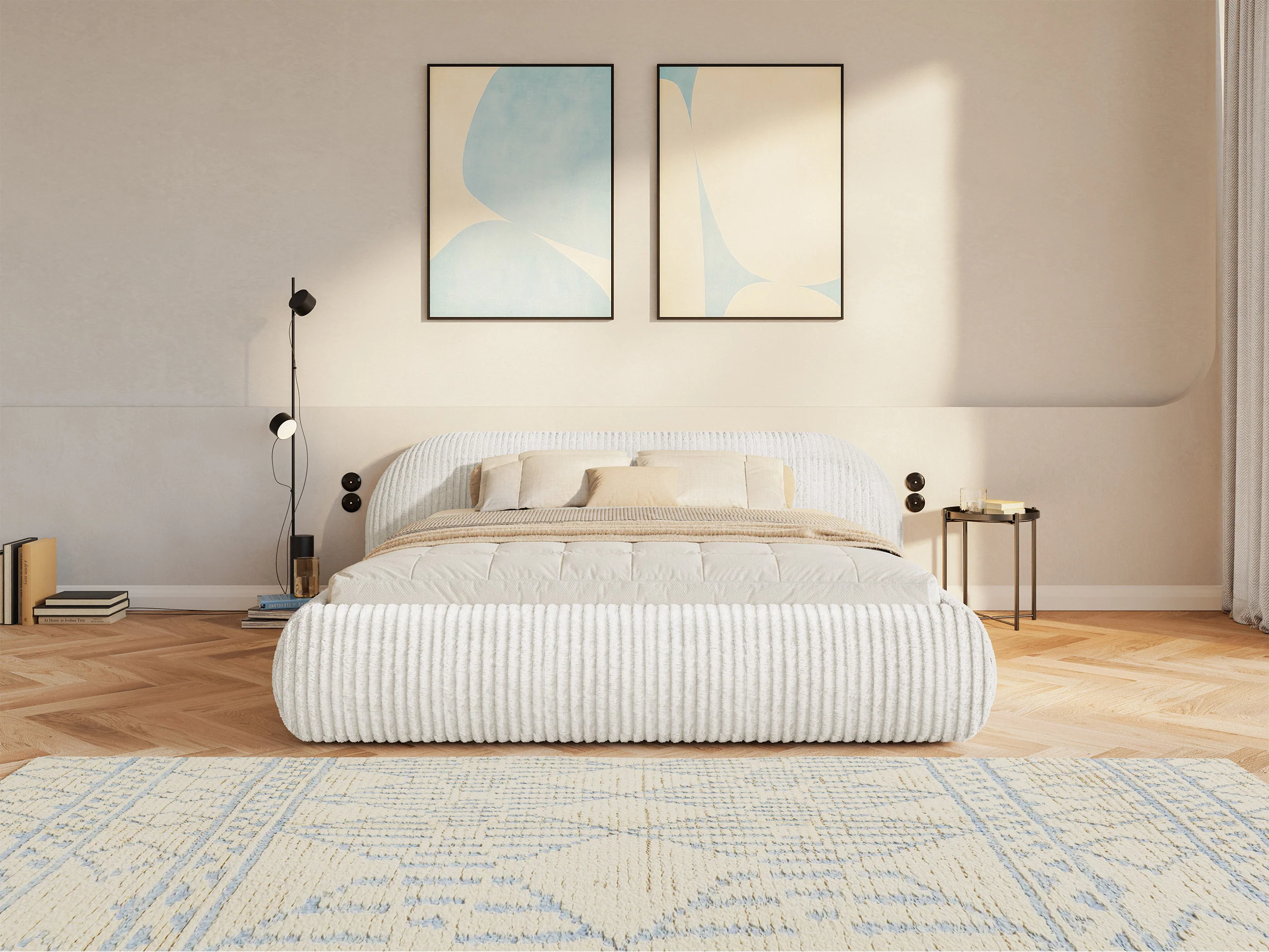 Łóżko tapicerowane 140x200 cm Shels Low z pojemnikiem stelaż metalowy jasnoszare gruby sztruks - Image 5