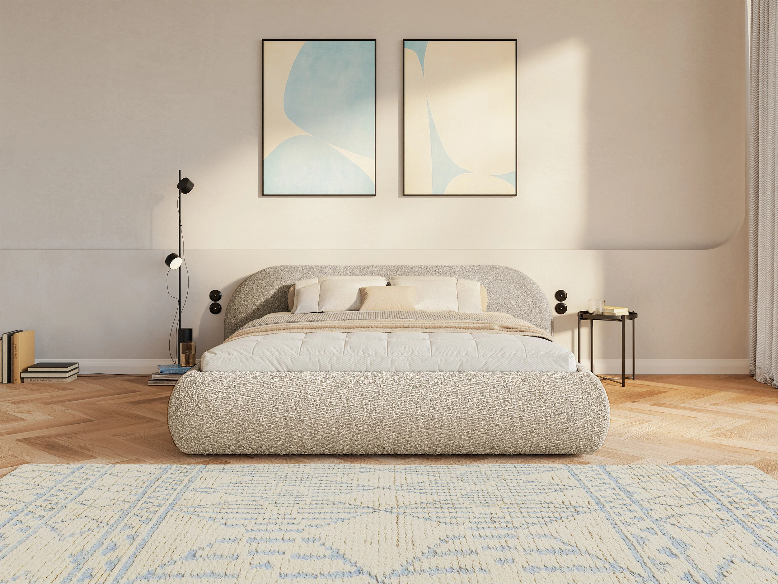 Łóżko tapicerowane 160x200 cm Shels Low jasnobeżowe boucle - Image 4