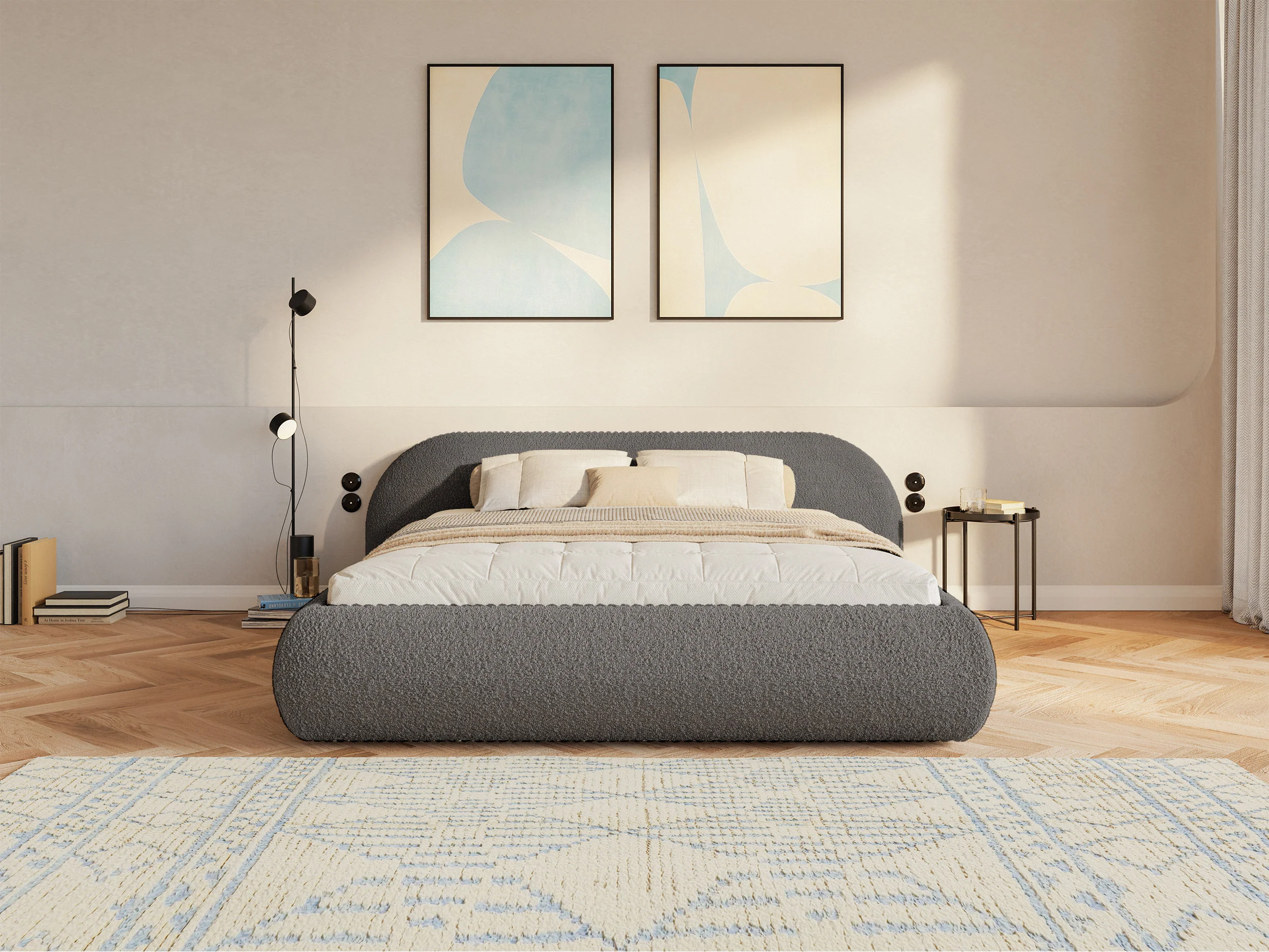 Łóżko tapicerowane 180x200 cm Shels Low z pojemnikiem stelaż metalowy brązowe boucle - Image 7