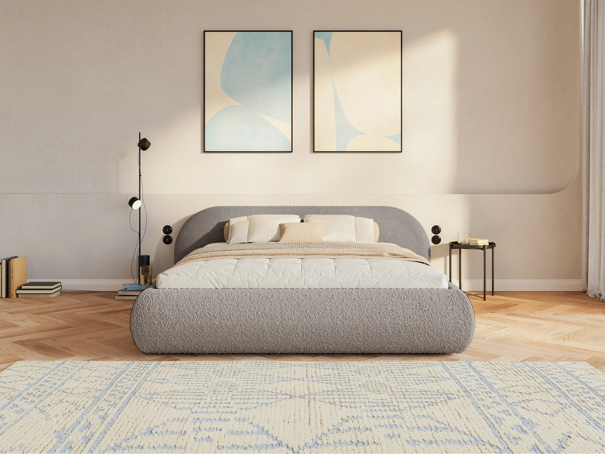 Łóżko tapicerowane 160x200 cm Shels Low z pojemnikiem stelaż metalowy szarobeżowe boucle - Image 4