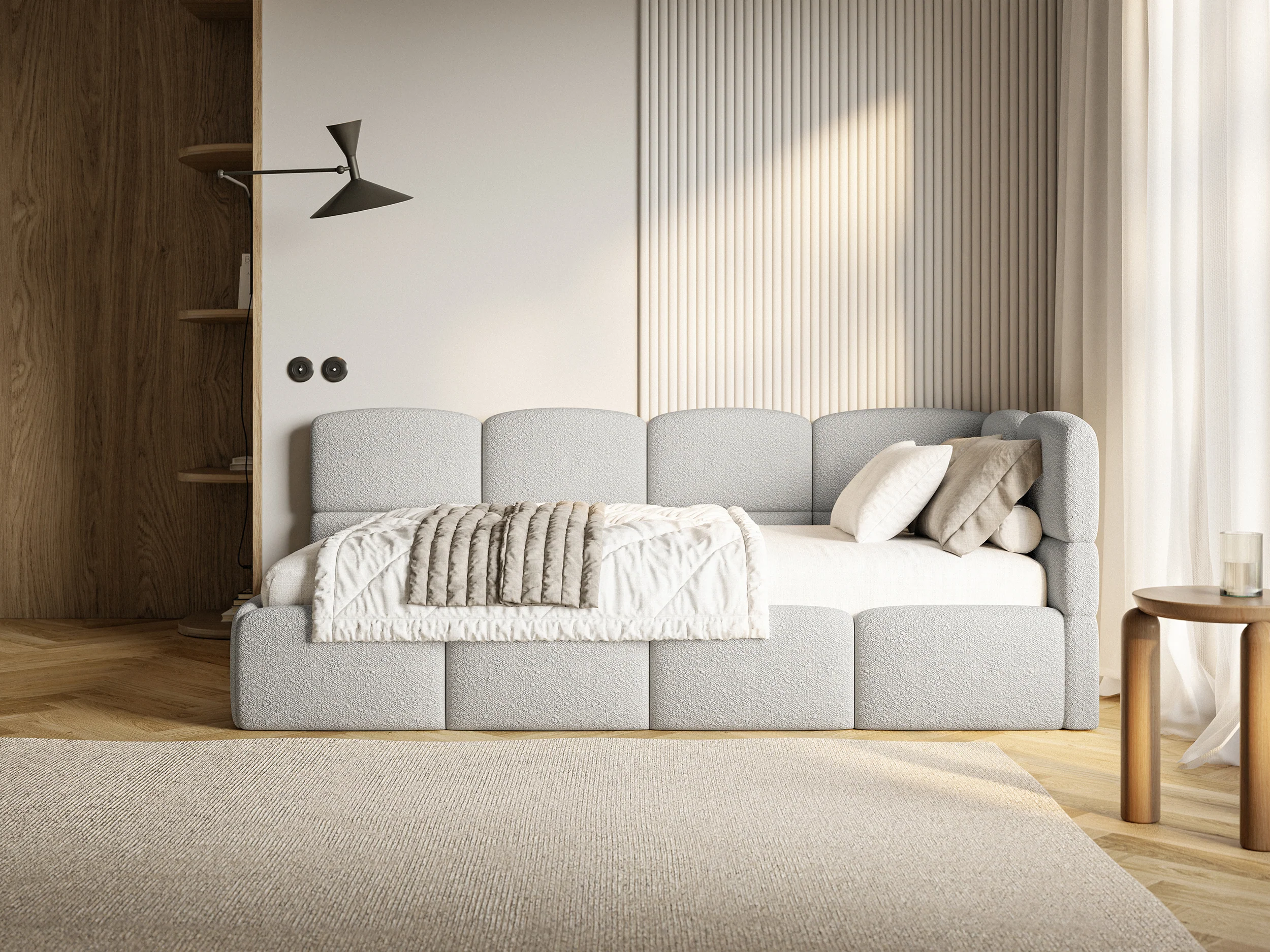 Łóżko młodzieżowe 120x200 cm Cloudy prawostronne z materacem pojemnikiem i barierkami jasnoszare boucle - Image 11