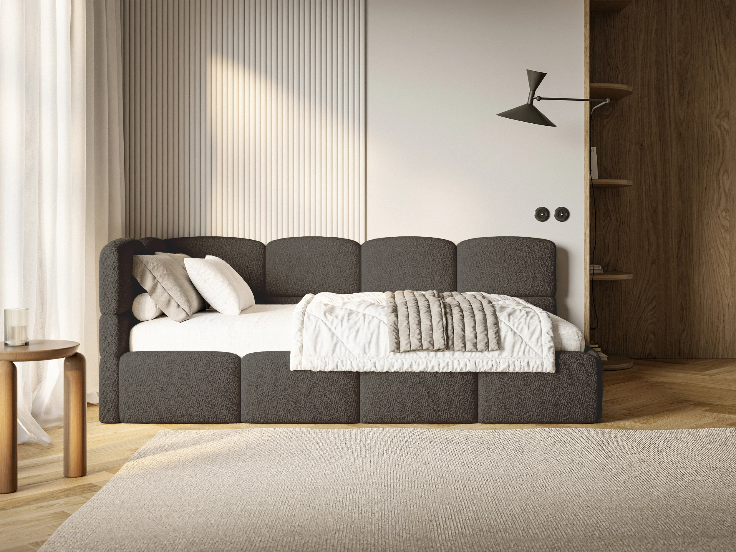 Łóżko młodzieżowe 120x200 cm Cloudy lewostronne z materacem i pojemnikiem brązowe boucle - Image 9