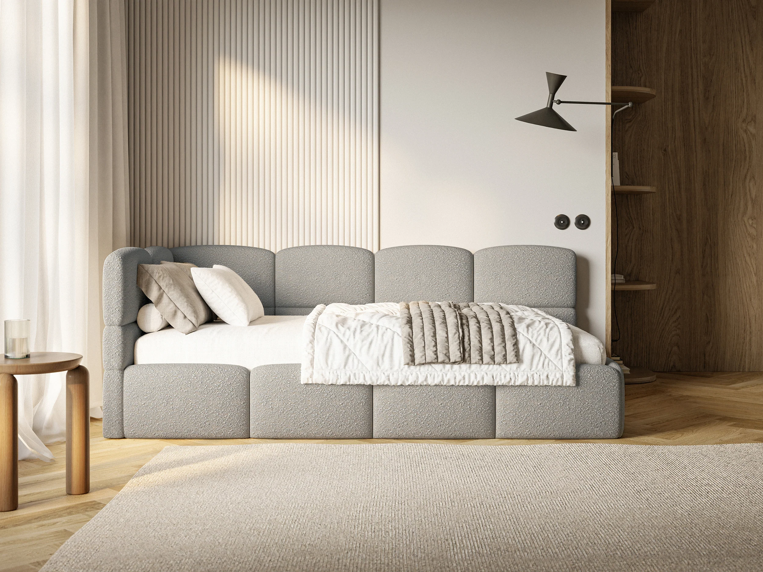 Łóżko młodzieżowe 120x200 cm Cloudy lewostronne z materacem i pojemnikiem szare boucle - Image 9