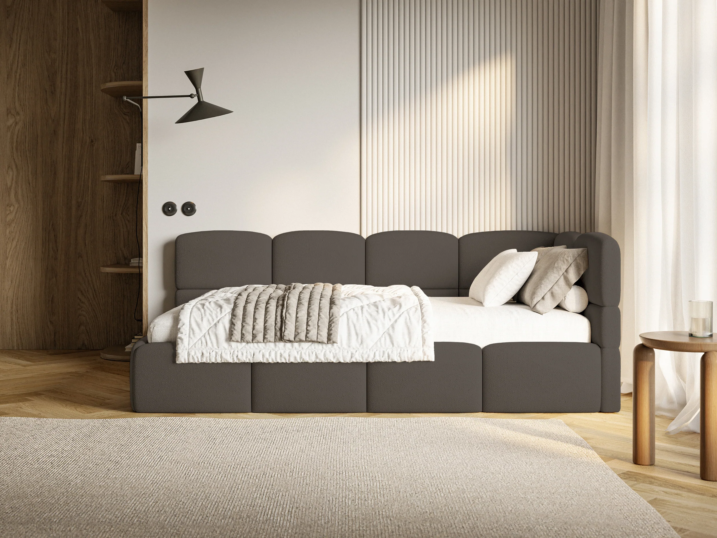 Łóżko młodzieżowe 120x200 cm Cloudy prawostronne z pojemnikiem i barierkami brązowe szenil - Image 11