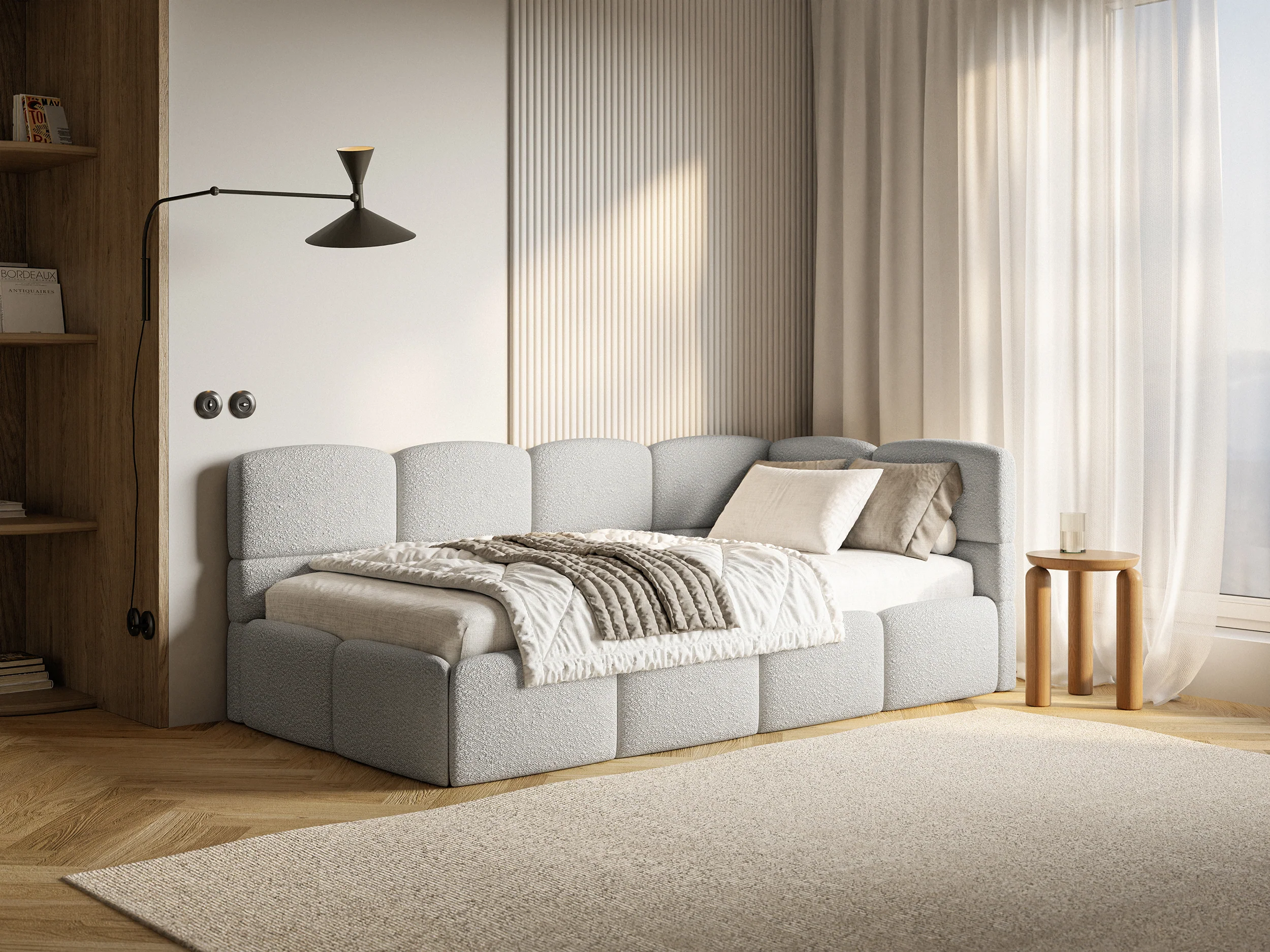 Łóżko młodzieżowe 120x200 cm Cloudy prawostronne z pojemnikiem i barierkami jasnoszare boucle - Image 10