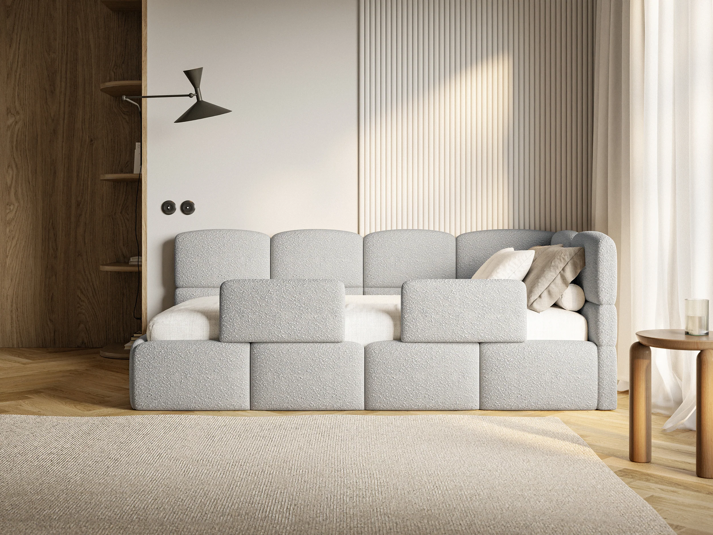 Łóżko młodzieżowe 120x200 cm Cloudy prawostronne z pojemnikiem i barierkami jasnoszare boucle - Image 9