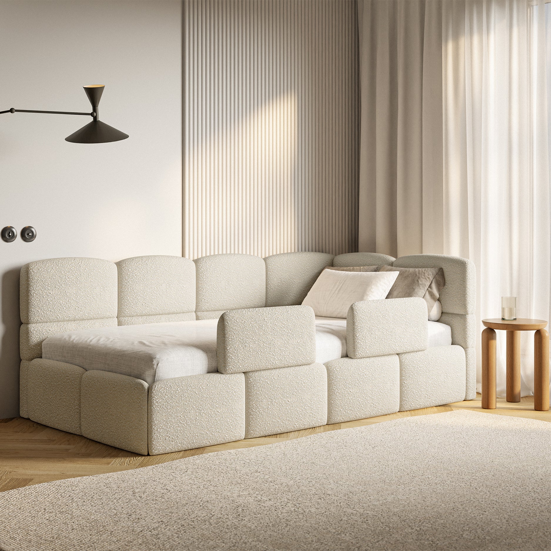 Łóżko młodzieżowe 120x200 cm Cloudy prawostronne z pojemnikiem i barierkami jasnobeżowe boucle - Image 2