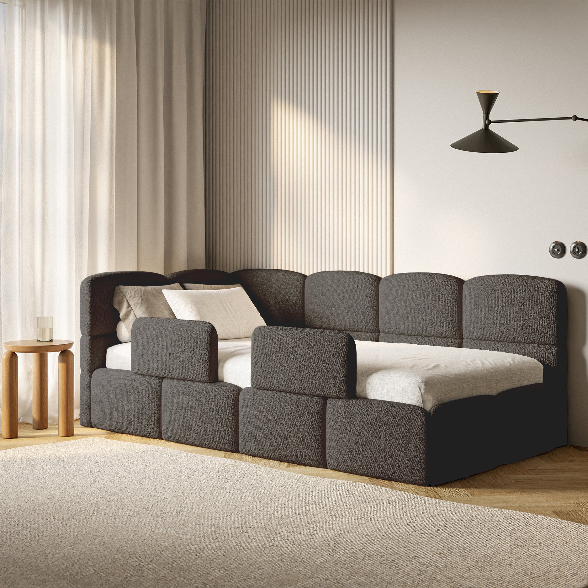 Łóżko młodzieżowe 120x200 cm Cloudy lewostronne z pojemnikiem i barierkami brązowe boucle - Image 2
