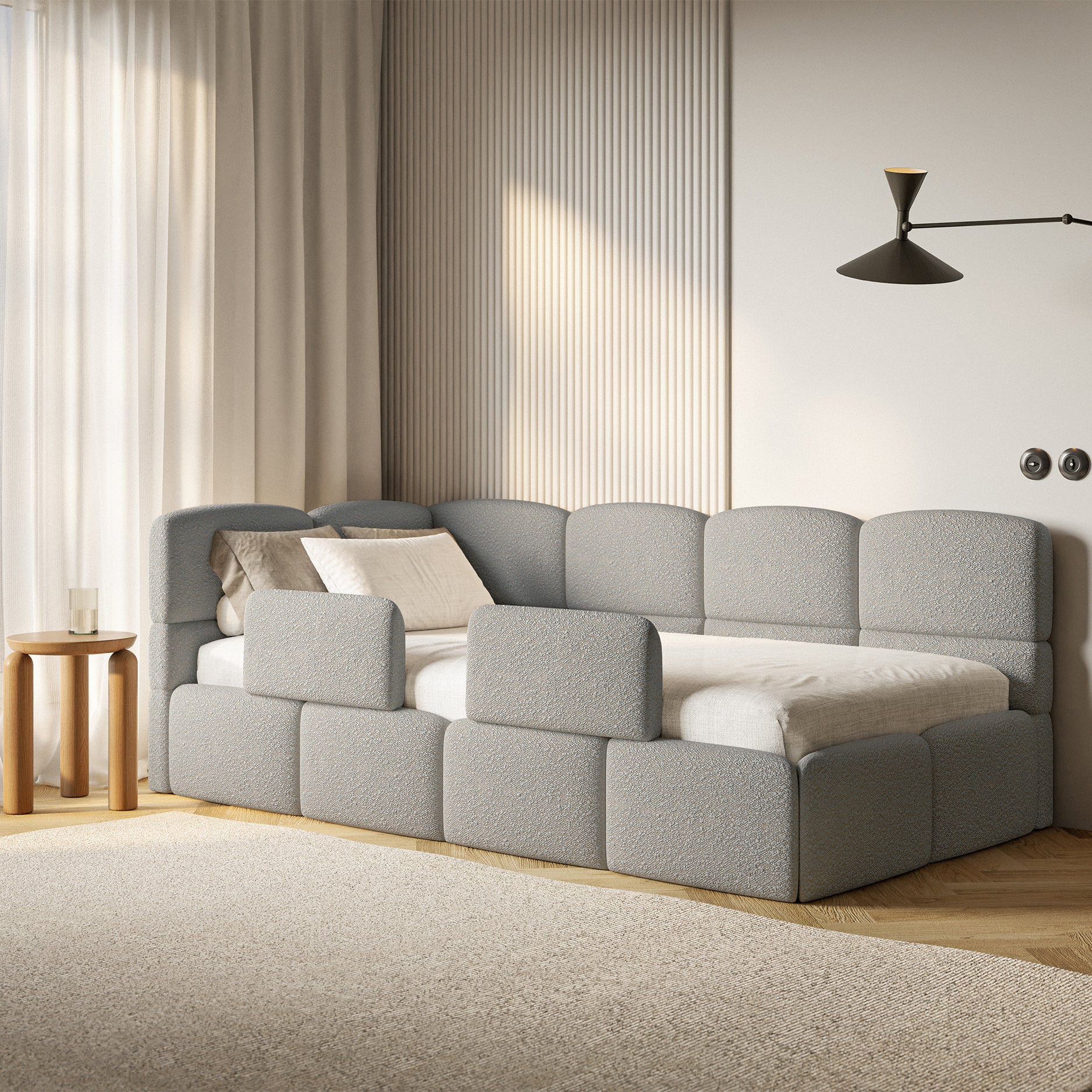 Łóżko młodzieżowe 120x200 cm Cloudy lewostronne z pojemnikiem i barierkami szare boucle - Image 2