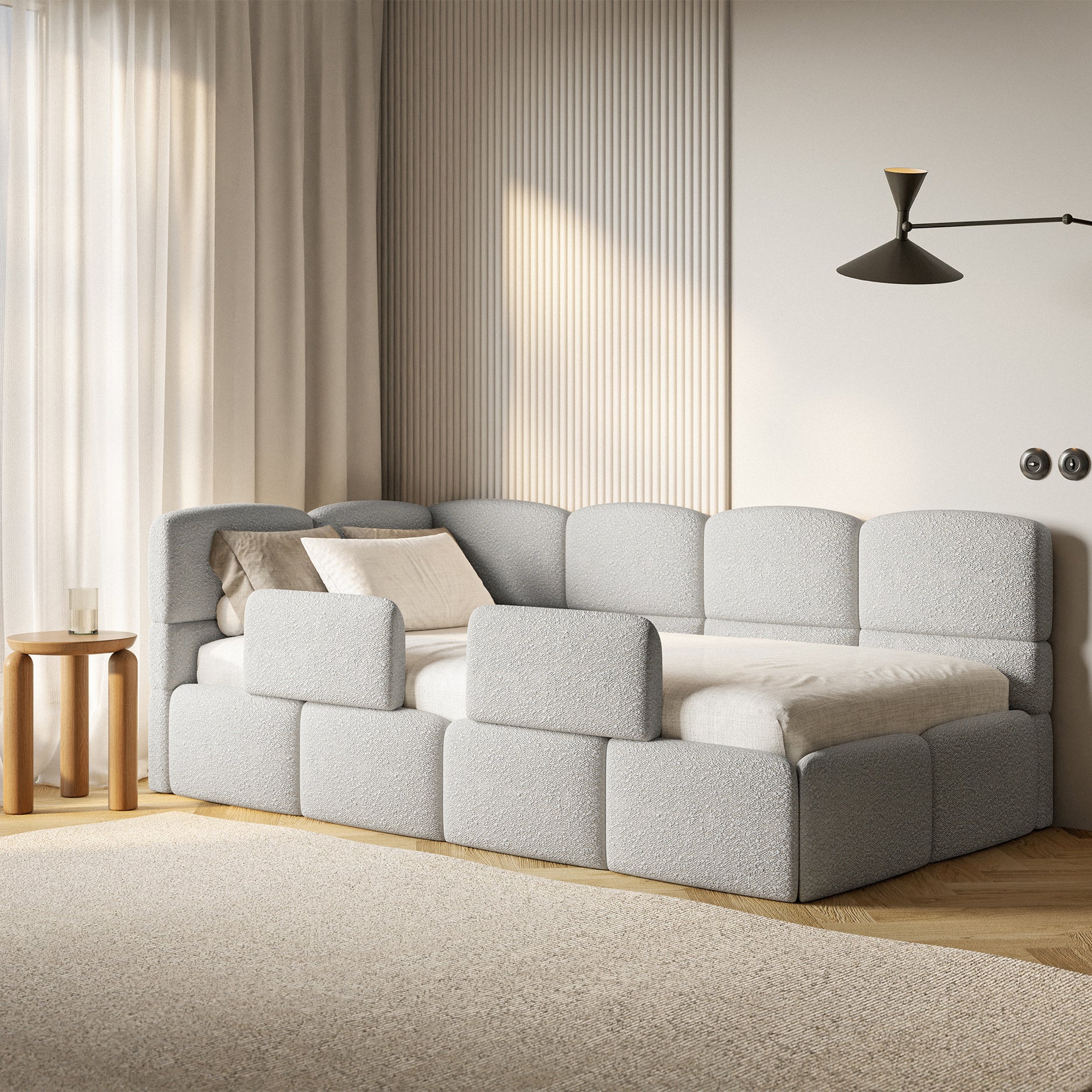 Łóżko młodzieżowe 120x200 cm Cloudy lewostronne z pojemnikiem i barierkami jasnoszare boucle - Image 2