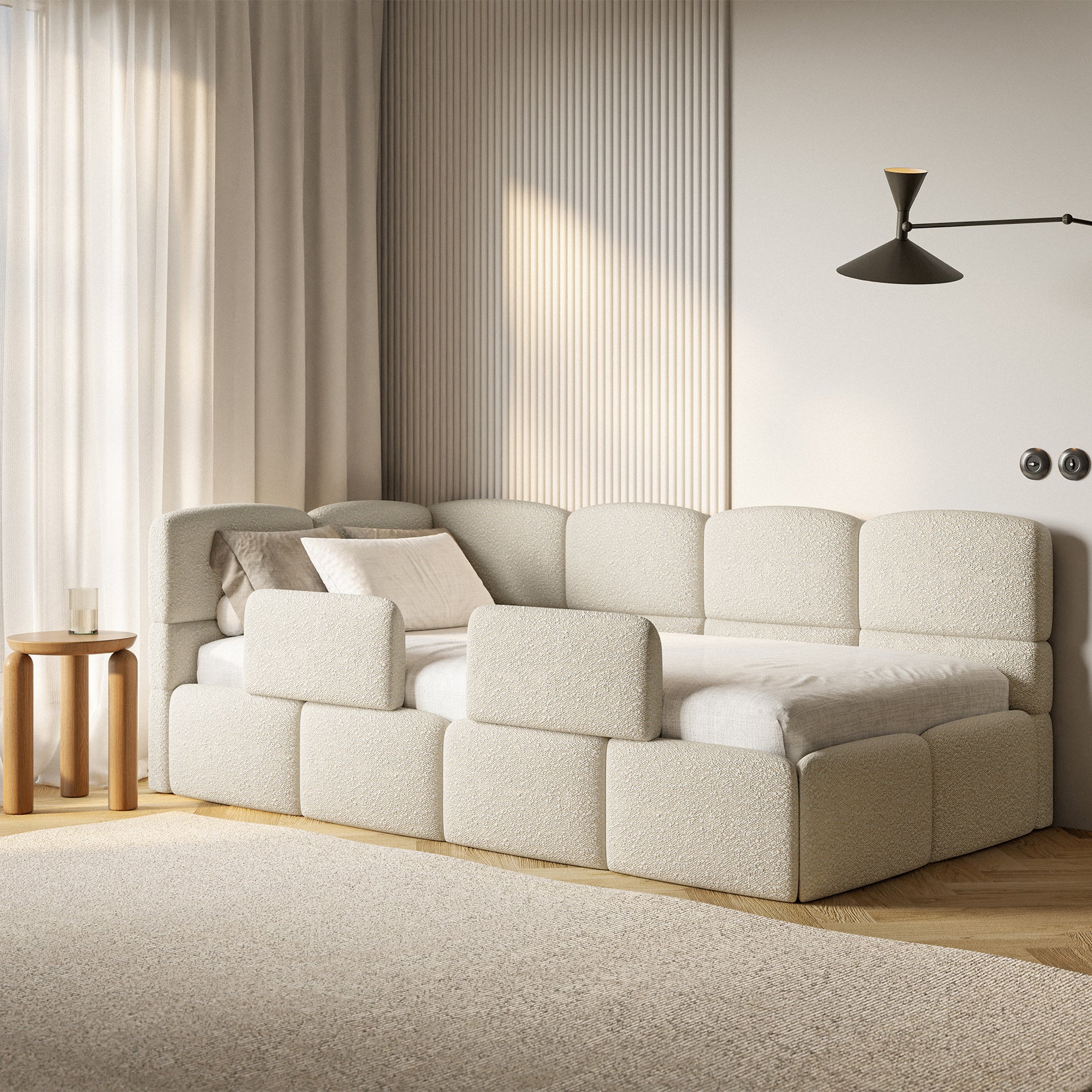 Łóżko młodzieżowe 120x200 cm Cloudy lewostronne z pojemnikiem i barierkami jasnobeżowe boucle - Image 2