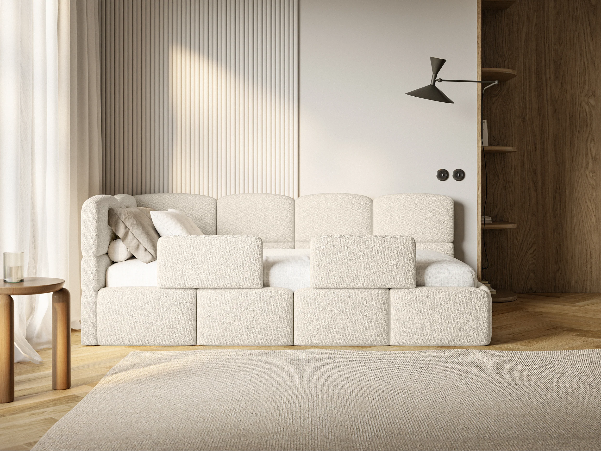 Łóżko młodzieżowe 120x200 cm Cloudy lewostronne z pojemnikiem i barierkami jasnobeżowe boucle - Image 9