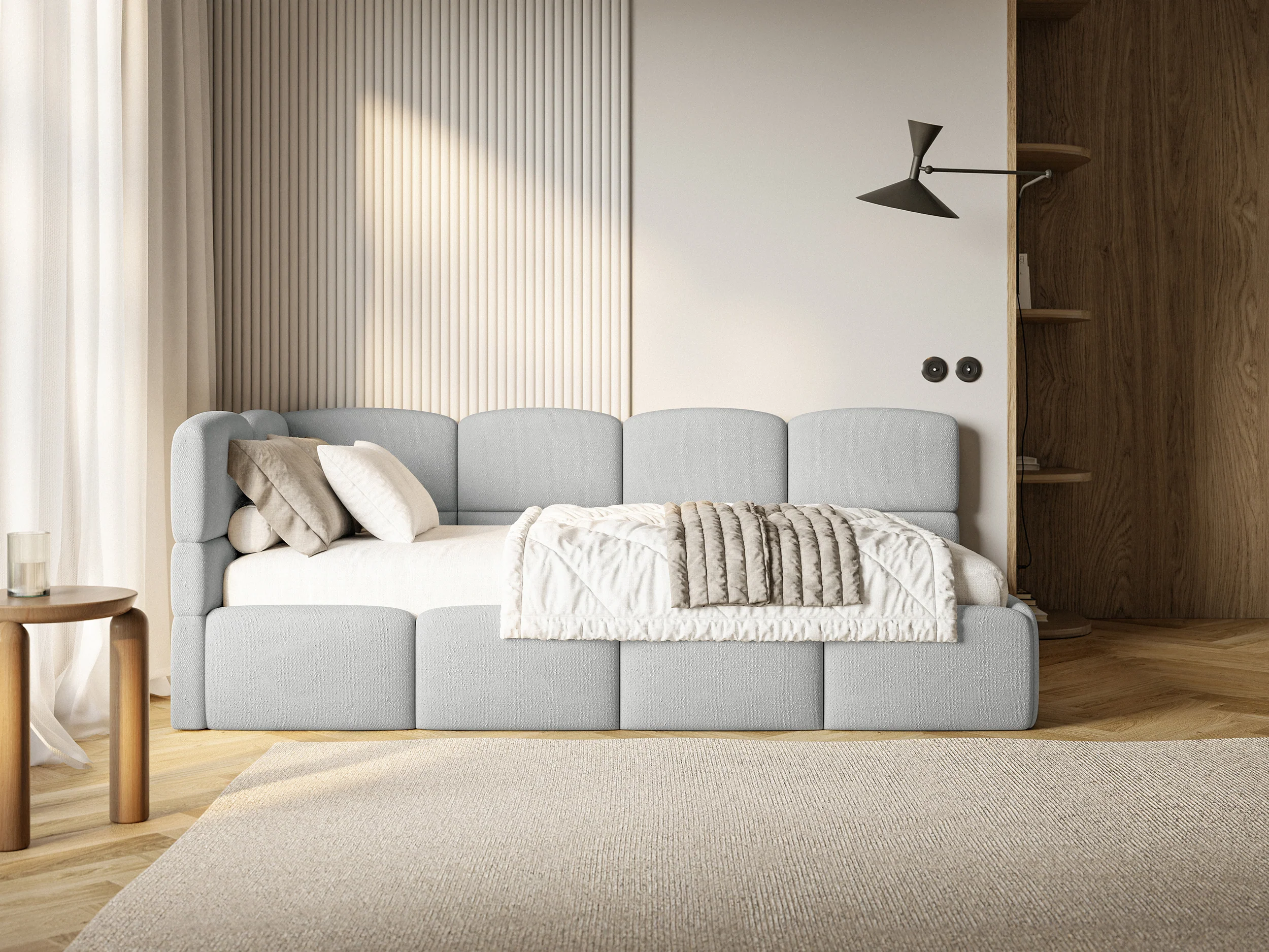 Łóżko młodzieżowe 120x200 cm Cloudy lewostronne z pojemnikiem jasnoszare szenil - Image 4