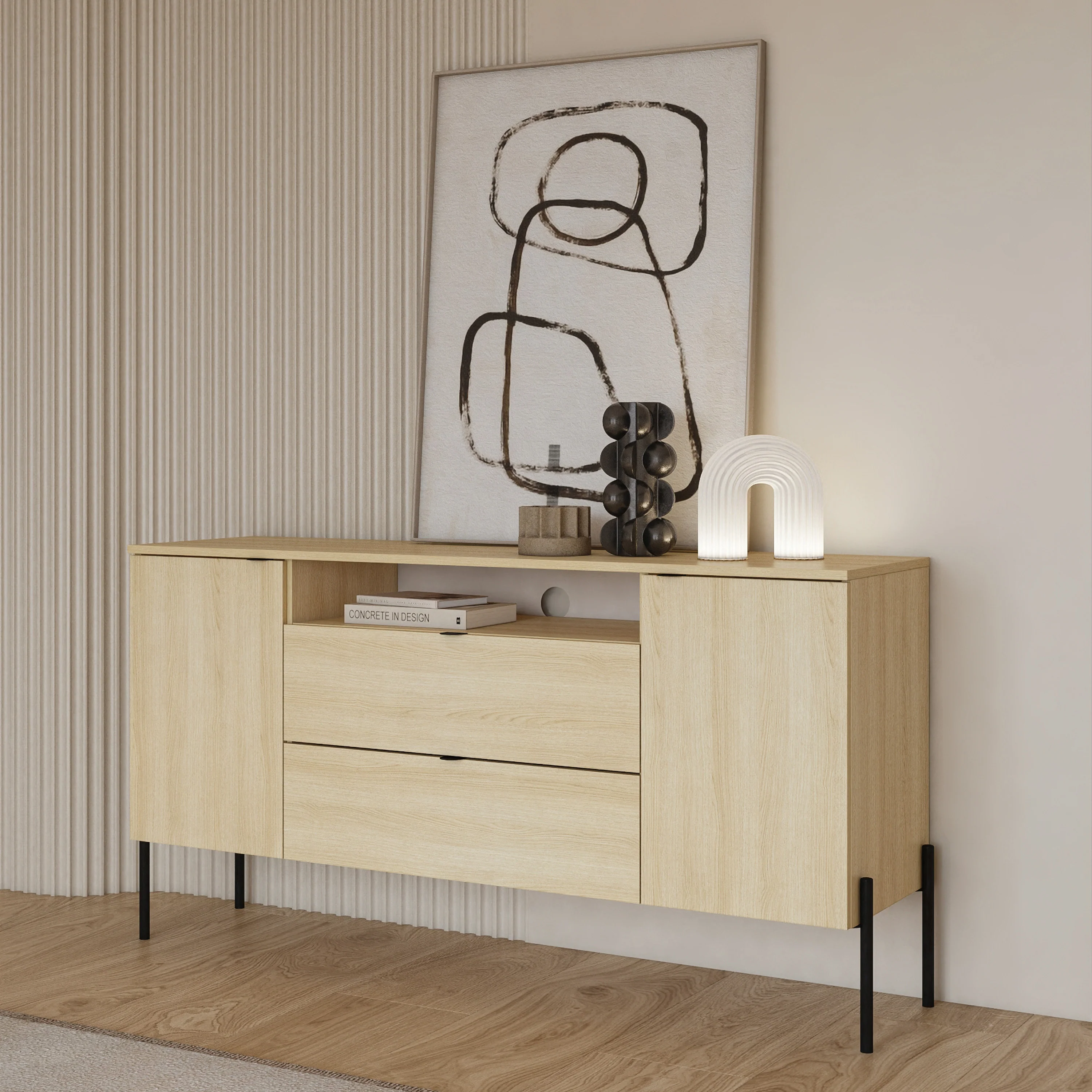 Komoda dwudrzwiowa Ore z dwiema szufladami 140 cm dąb lindberg - Image 2