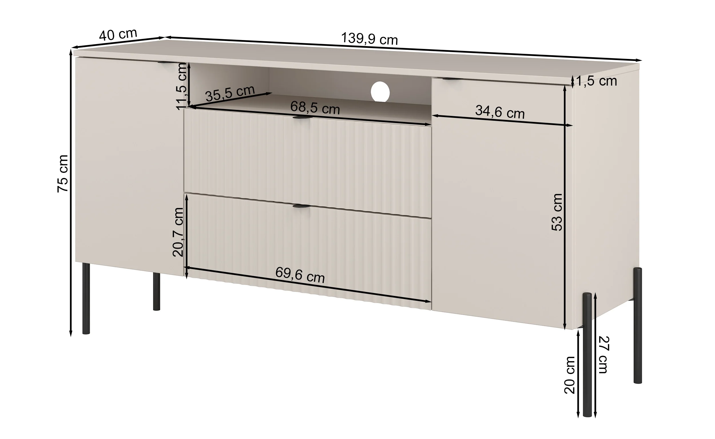 Komoda dwudrzwiowa Ore z dwiema szufladami 140 cm kaszmir z ryflowanym frontem - Image 11