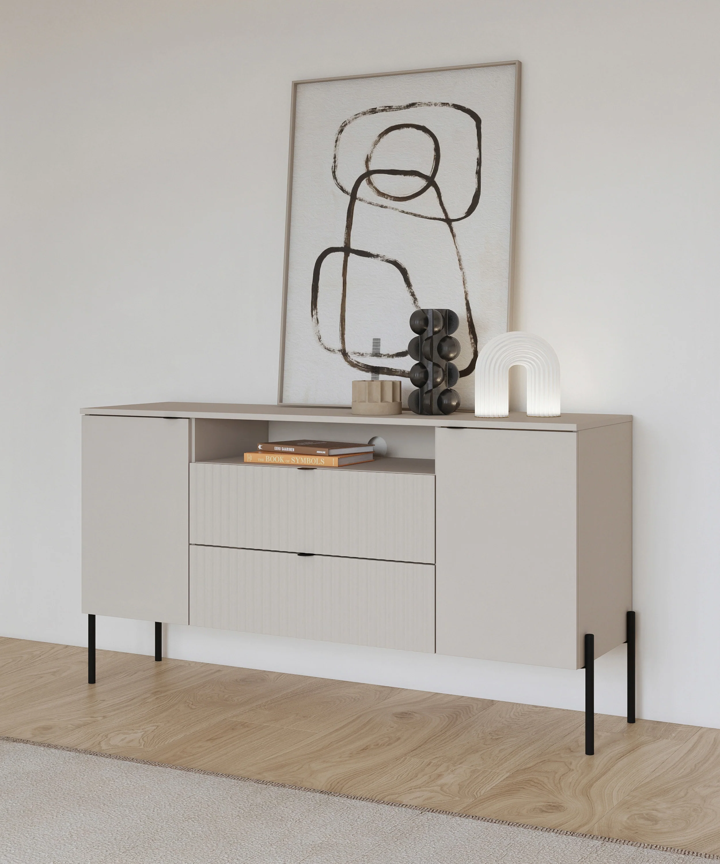 Komoda dwudrzwiowa Ore z dwiema szufladami 140 cm kaszmir z ryflowanym frontem - Image 7