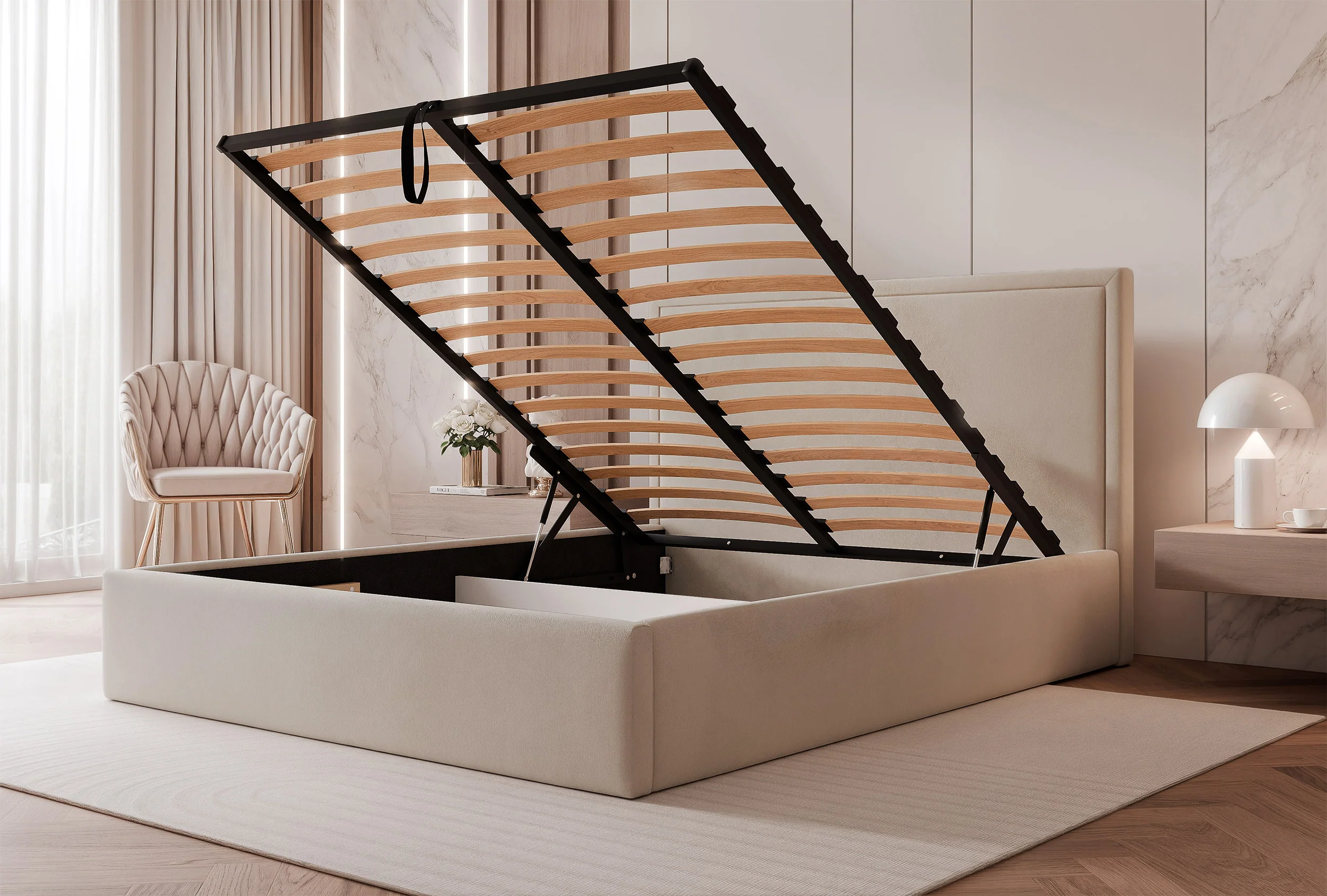 Łóżko tapicerowane 160x200 cm Asurro z pojemnikiem stelaż metalowy beżowe welur hydrofobowy - Image 3