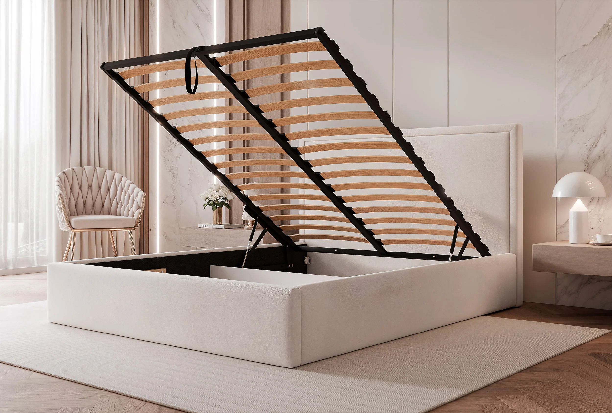Łóżko tapicerowane 160x200 cm Asurro z pojemnikiem stelaż metalowy kremowe welur hydrofobowy - Image 3