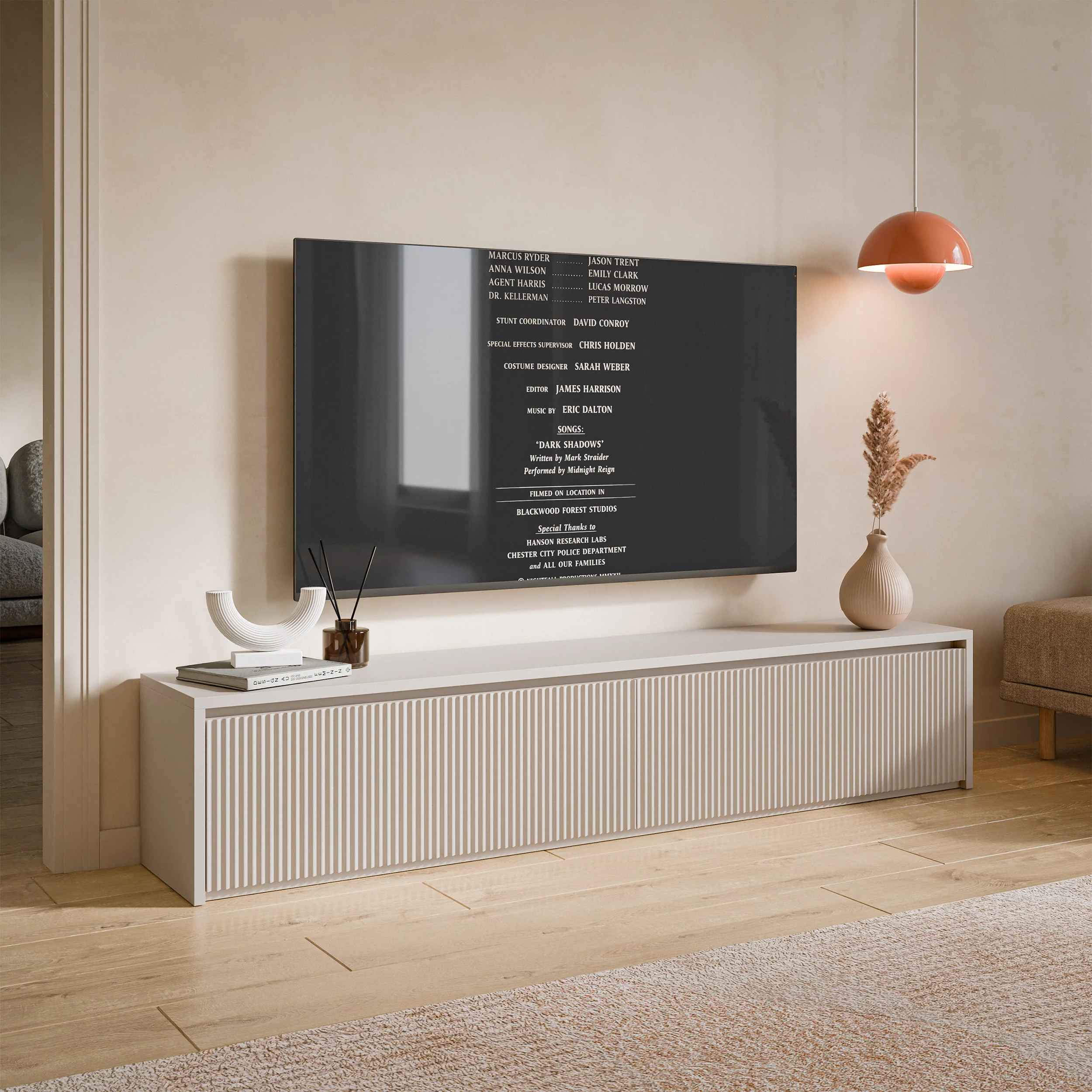 Szafka RTV dwudrzwiowa Vemmi 180 cm z ryflowanym frontem kaszmir - Image 5