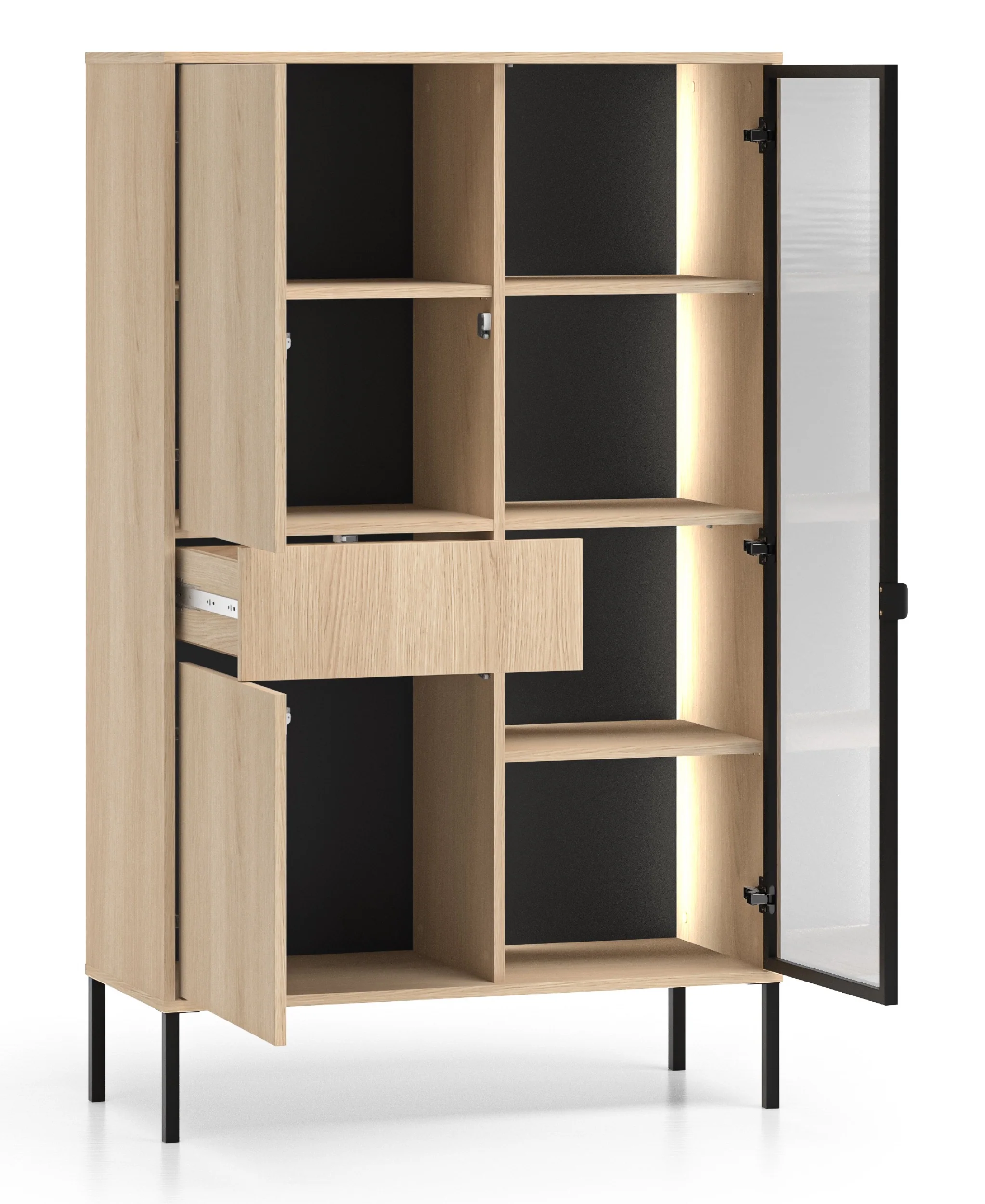Witryna trzydrzwiowa Barnee z szufladą i oświetleniem 92 cm dąb lindberg - Image 3