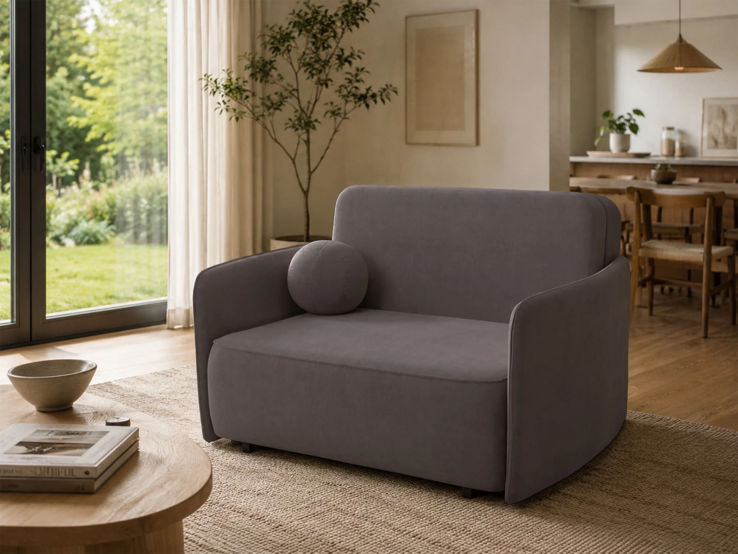 Kanapa rozkładana dwuosobowa Paxi 145 cm z pojemnikiem szarobrązowa szenil - Image 4