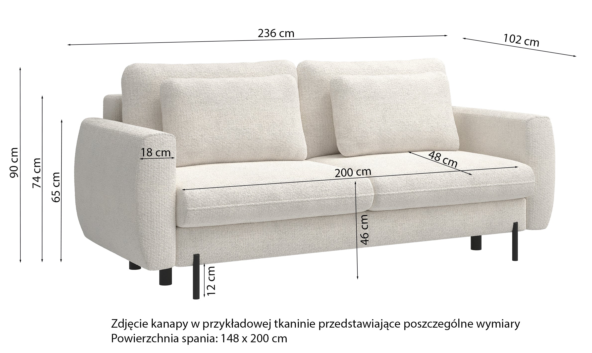 Kanapa rozkładana trzyosobowa Rane z pojemnikiem kremowa szenil hydrofobowy - Image 13