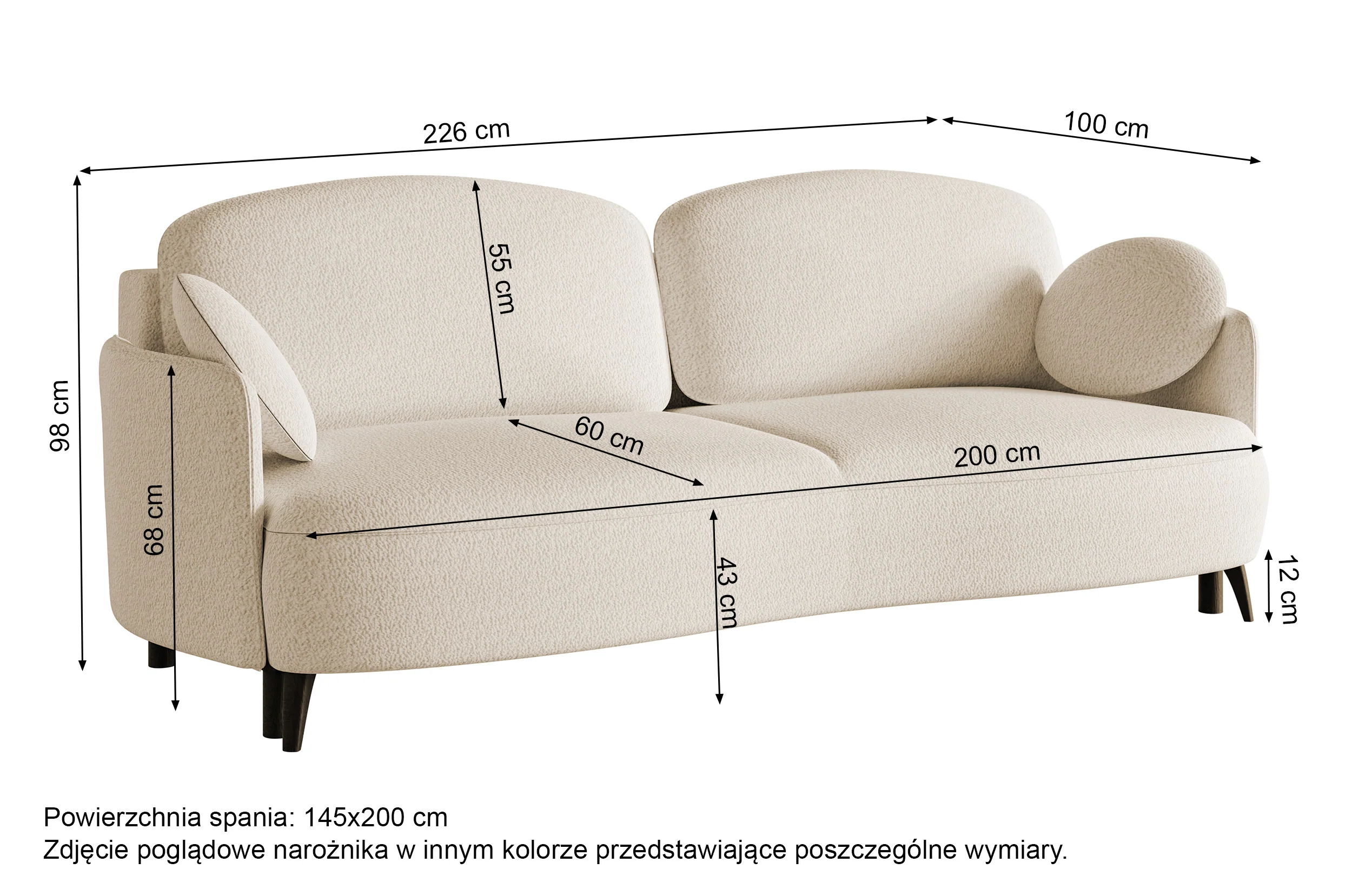 Kanapa rozkładana trzyosobowa Raviolo z pojemnikiem kremowa boucle nóżki czarne - Image 7