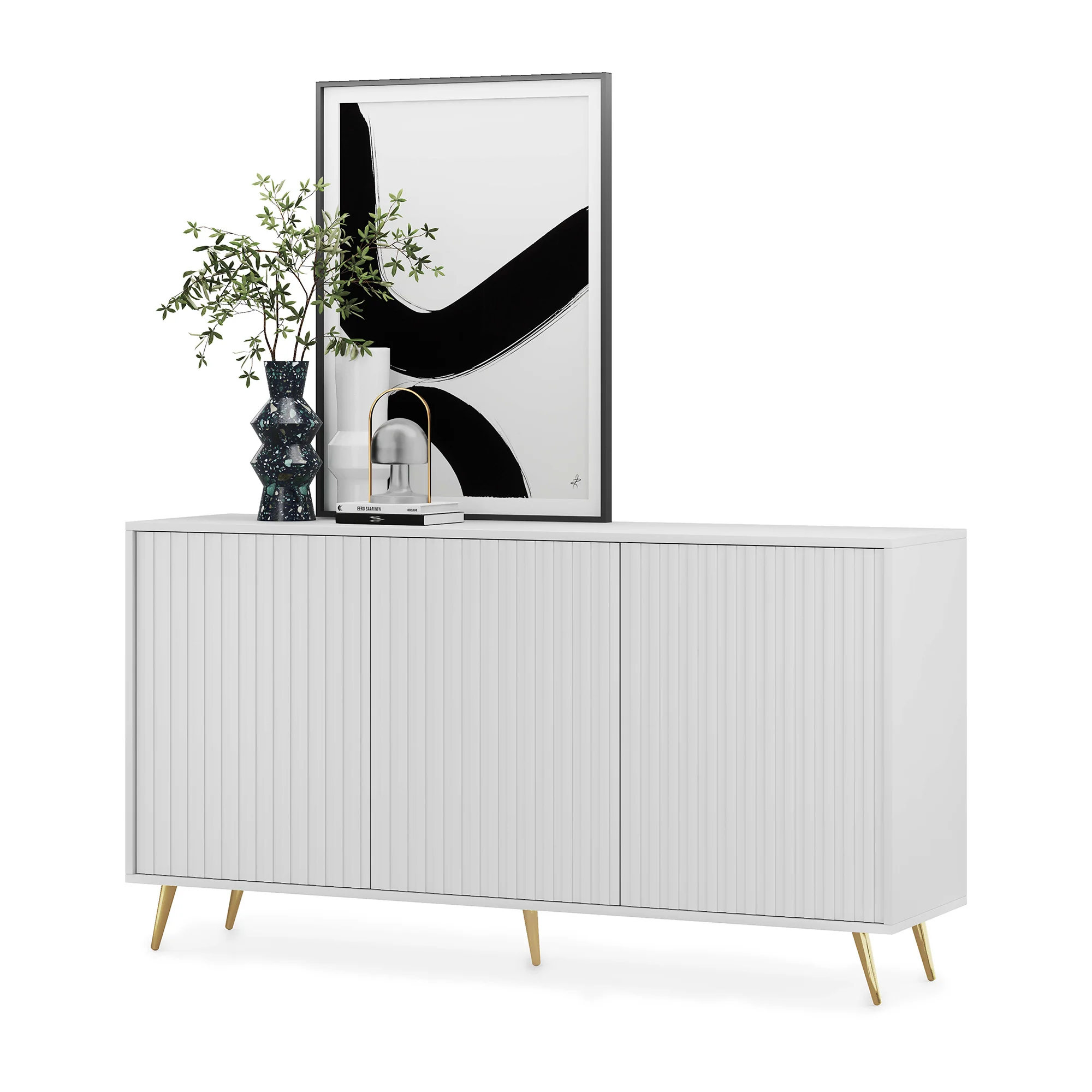Komoda Bello z lamelowymi frontami 154 cm biała ze złotymi nogami - Image 5