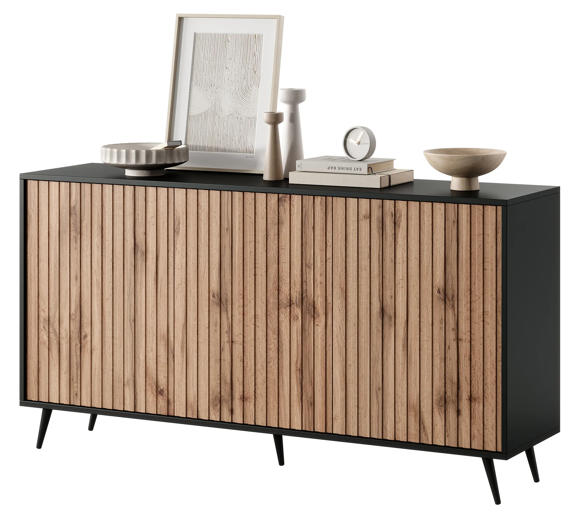 Komoda Bello z lamelowymi frontami 154 cm czarna/dąb wotan - Image 7