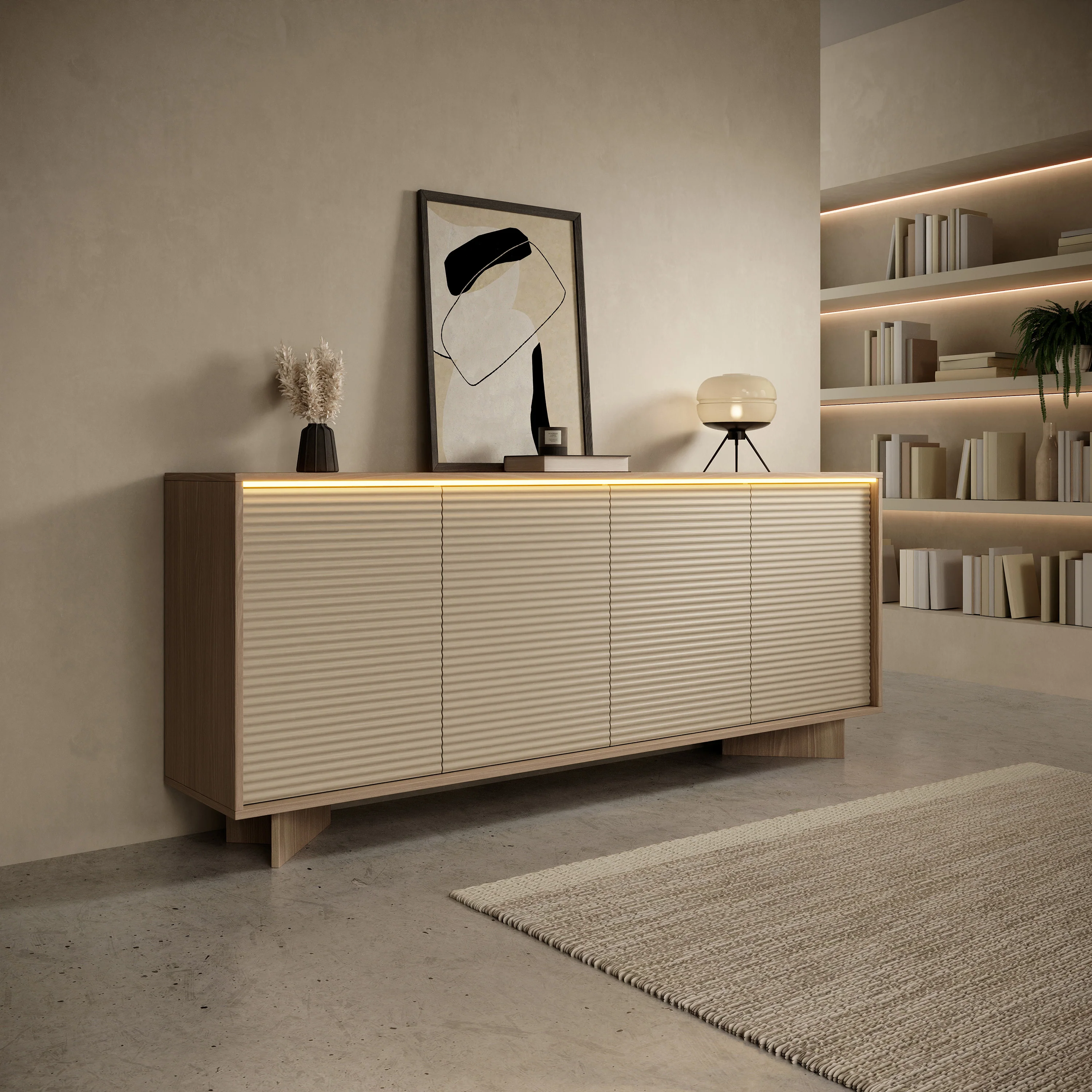Komoda czterodrzwiowa Semi z oświetleniem LED 204 cm bolivar naturalny/cappuccino - Image 2