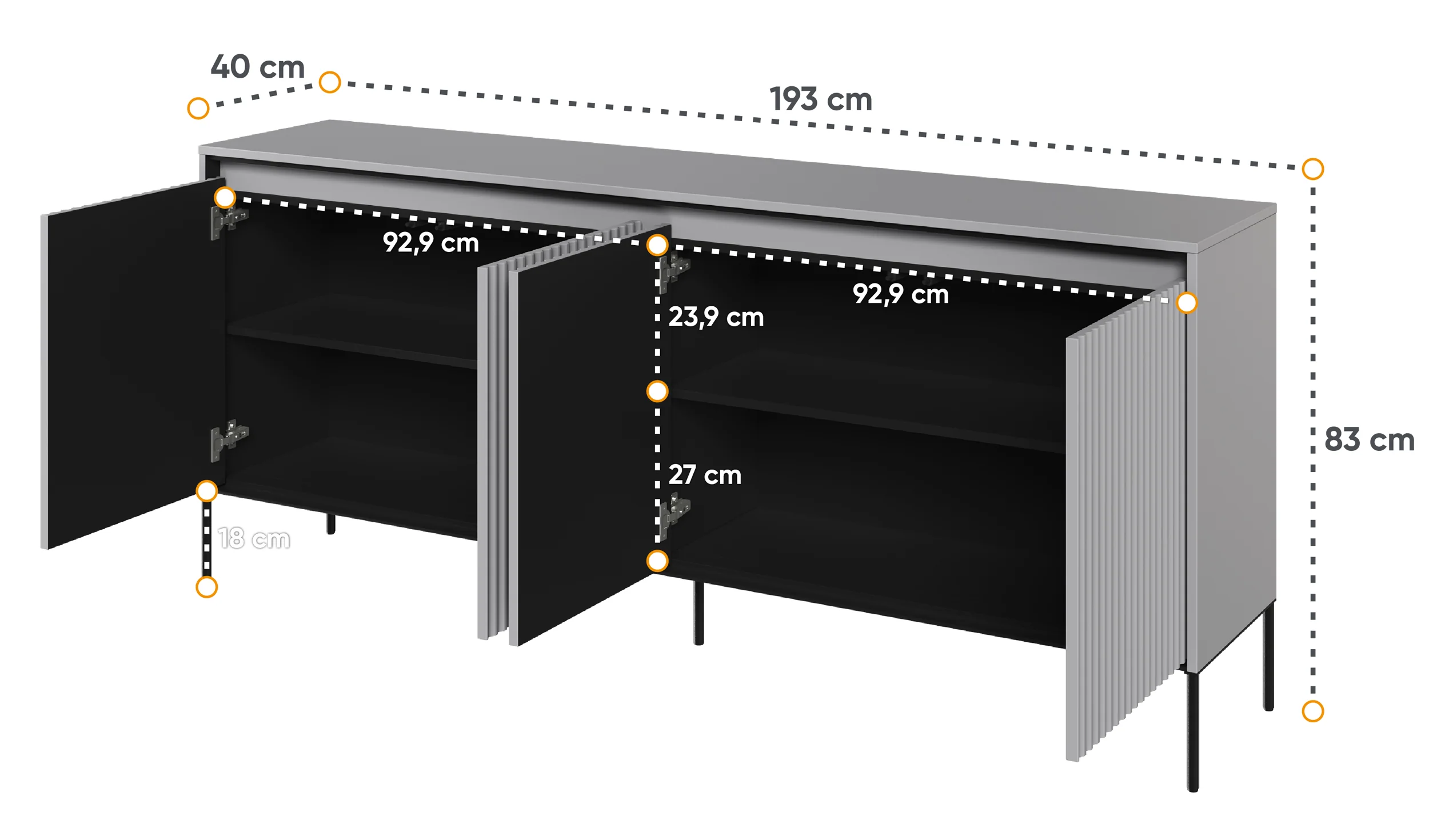Komoda czterodrzwiowa Trend niska 193 cm z LED Szara - Image 5