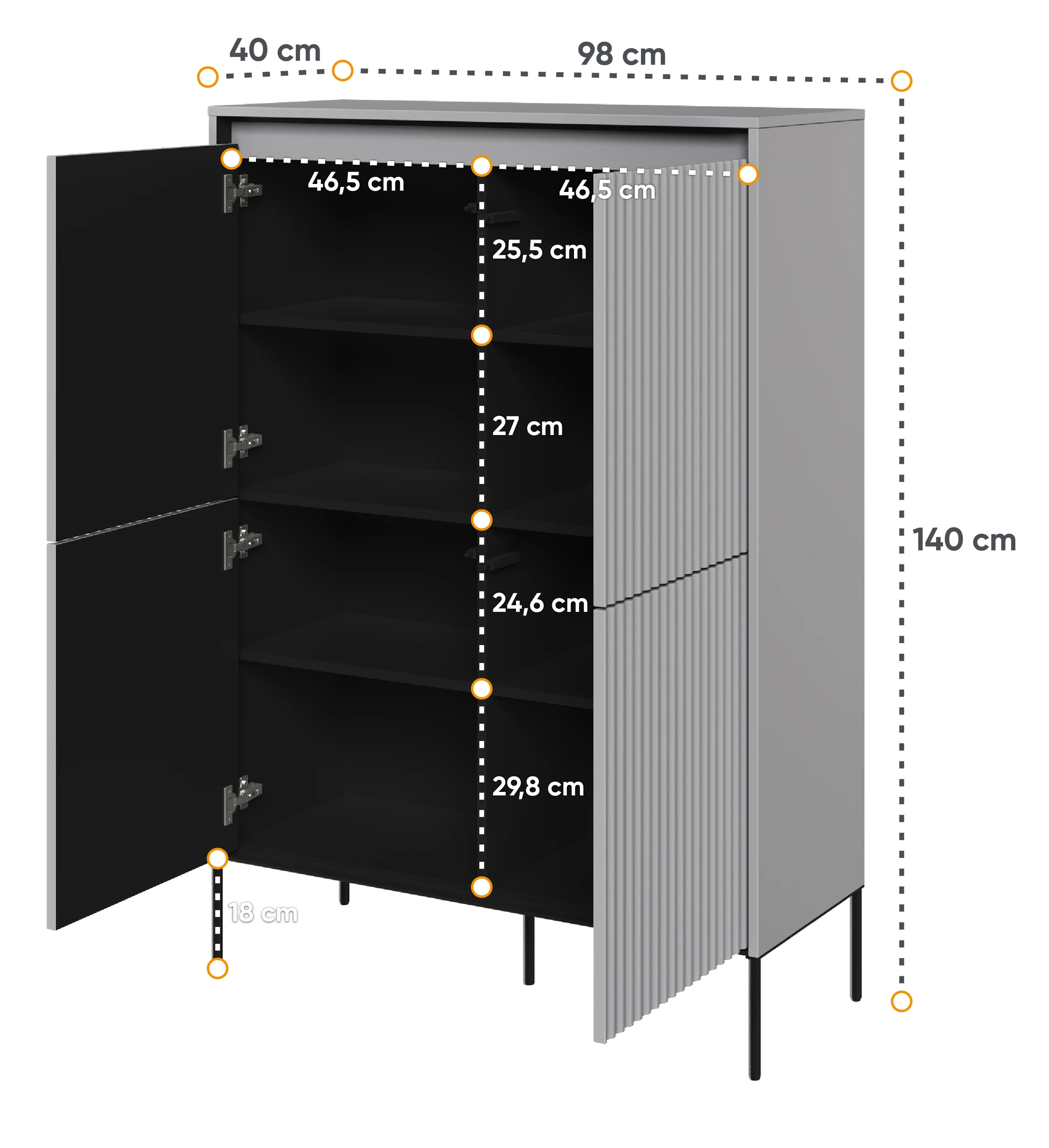 Komoda czterodrzwiowa Trend wysoka 98 cm z LED Szara - Image 3