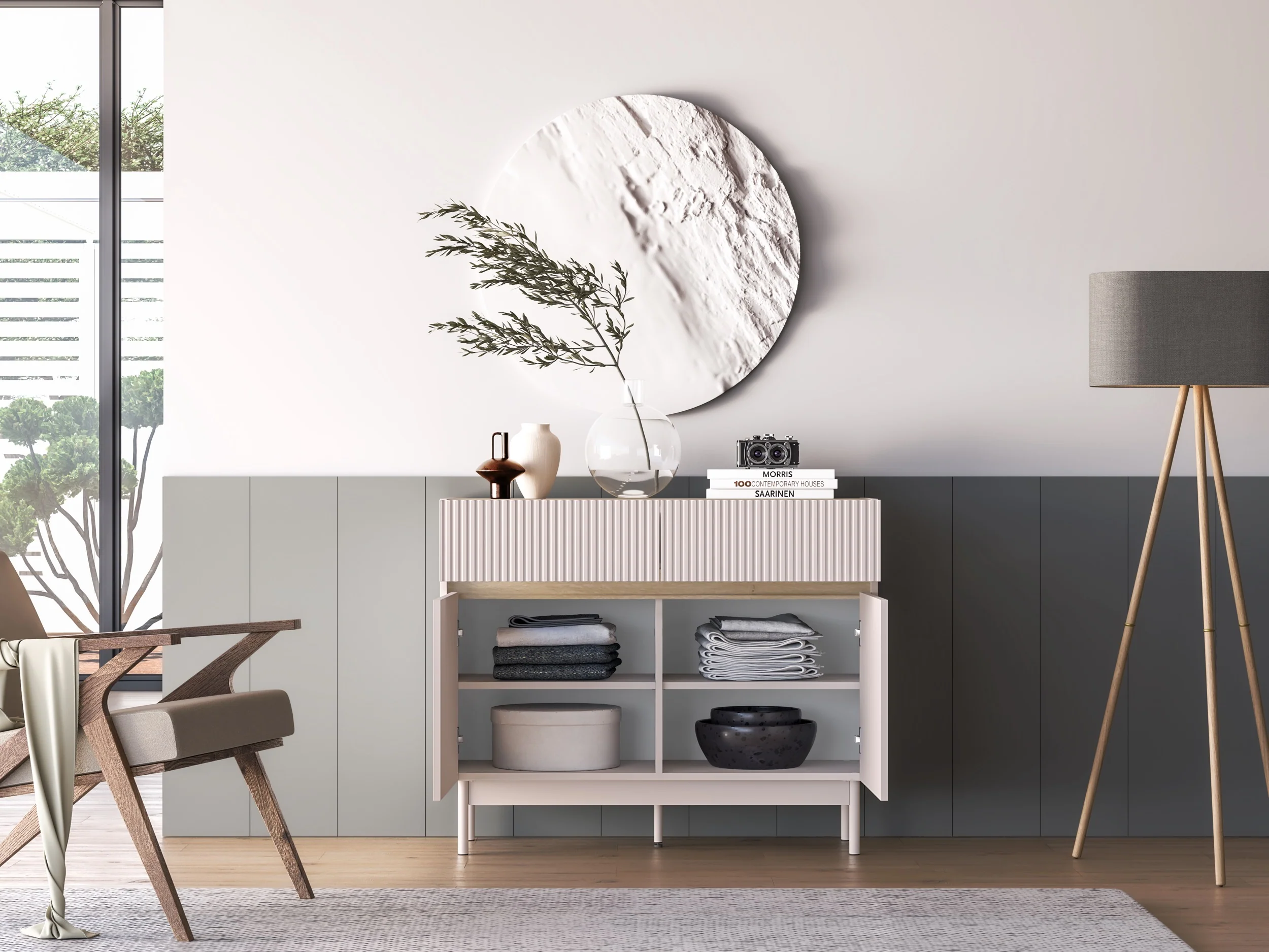 Komoda dwudrzwiowa Dunea z dwiema szufladami 104 cm kaszmir/dąb - Image 8